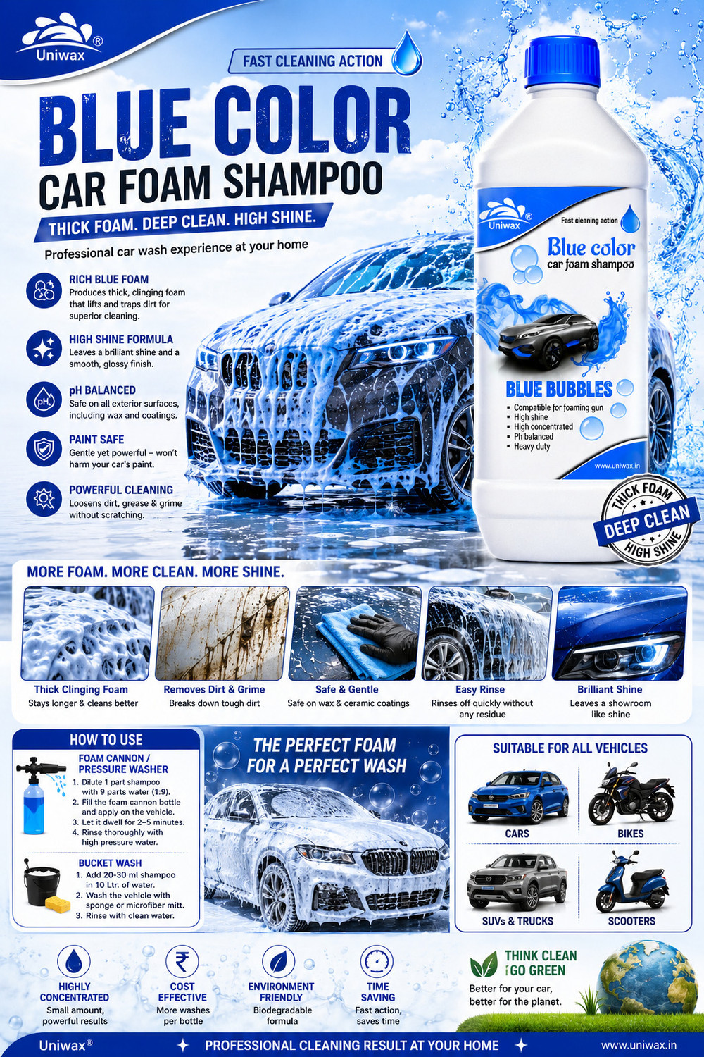 Image of uniwax Blue Color car Foam Shampoo 1kg UNI-CARFOAM-SH Vehicle Interior Cleaner (1000 ml)