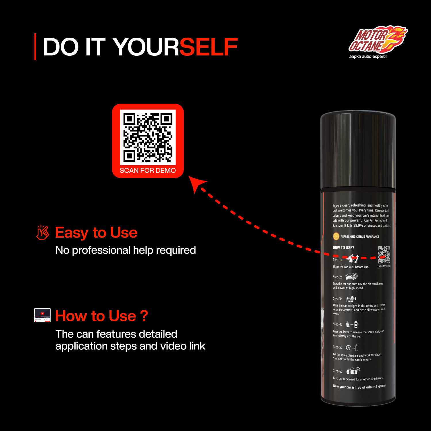 Image of MOTOROCTANE Car Air Refresher & Sanitizer Spray AC Disinfectant, Sanitizes Cabin, New Car Smell - Citrus Fragrance Vehicle Interior Cleaner