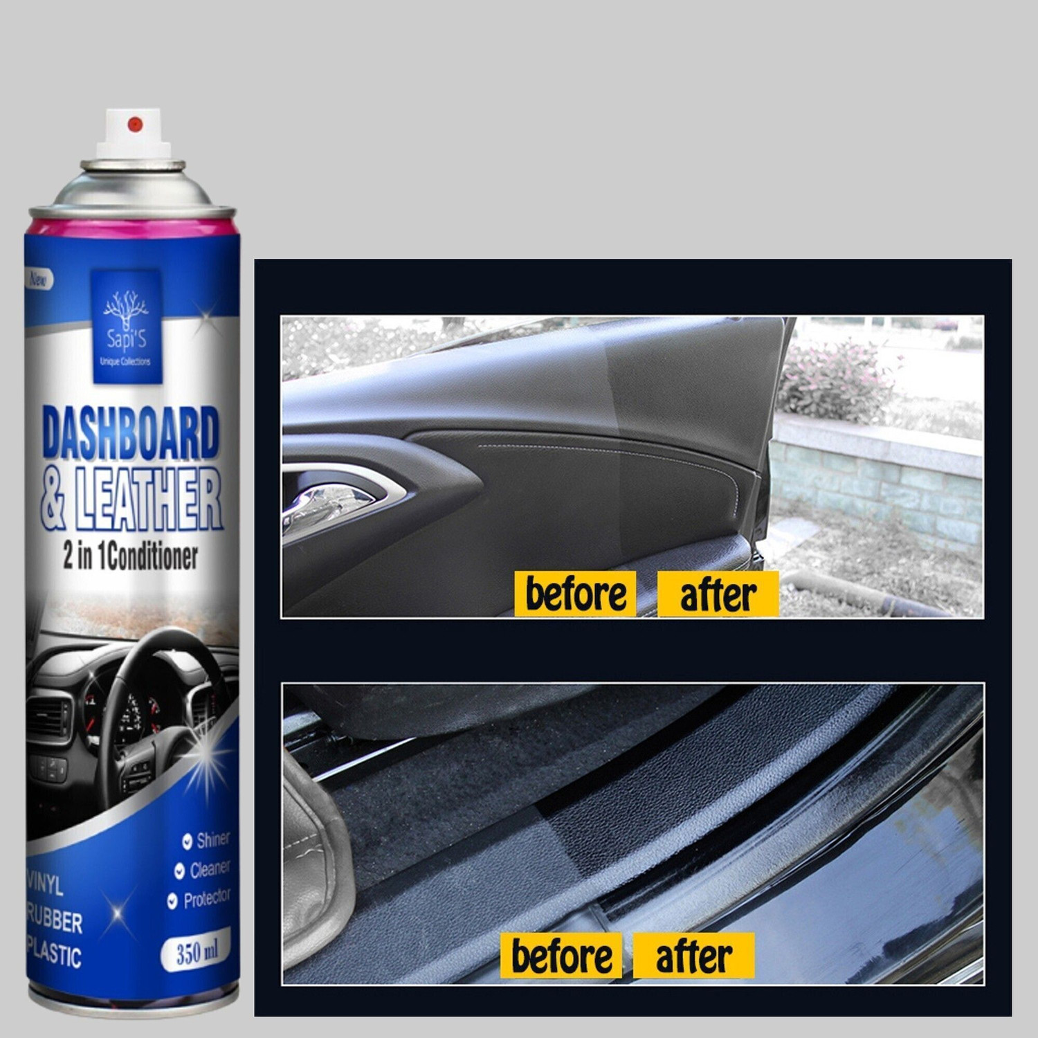 Image of SAPI'S Dashboard & Leather 2in1 Cleaner & protector Dashboard & Leather 2in1 conditioner, Foam cleaner 350 ml Vehicle Interior Cleaner