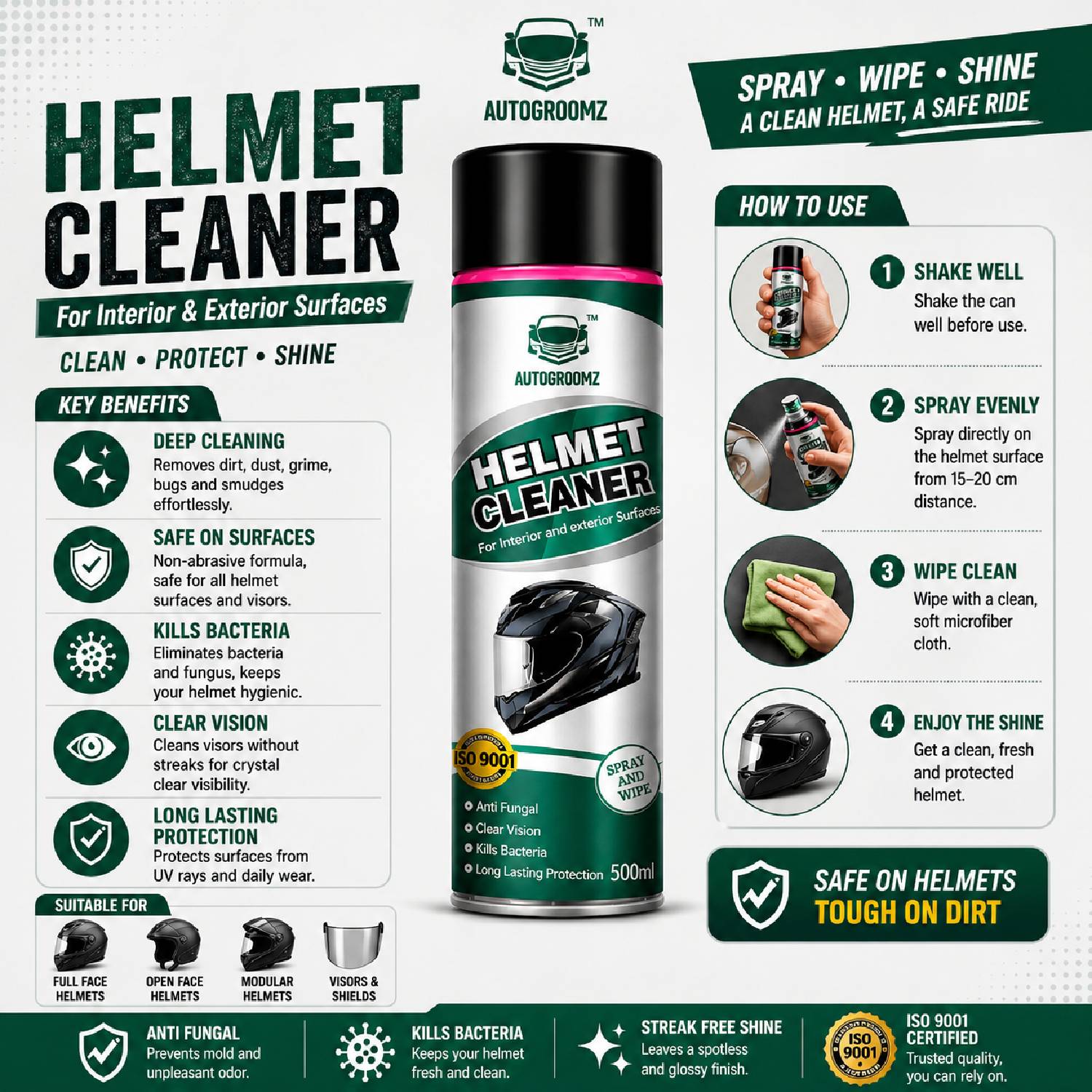 AUTOGROOMZ Foaming Helmet Cleaner Foam Cleaning for Helmet Anti-Bacterial Spray, Deep Clean Helmet Vehicle Interior Cleaner