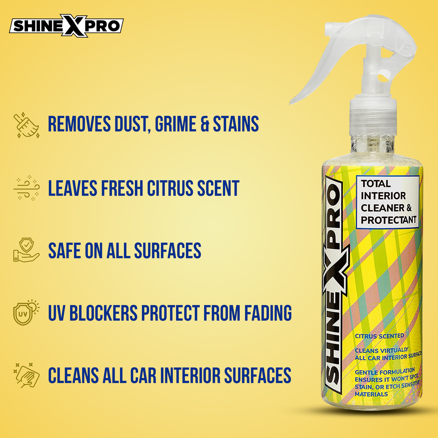 Image of ShineXPro Car Interior Cleaner, Safe As Car Seat Cleaner & For All Interior Surfaces, Leather & Fabric - Infused UV Blockers Protect From Fading - Citrus Scent Vehicle Interior Cleaner