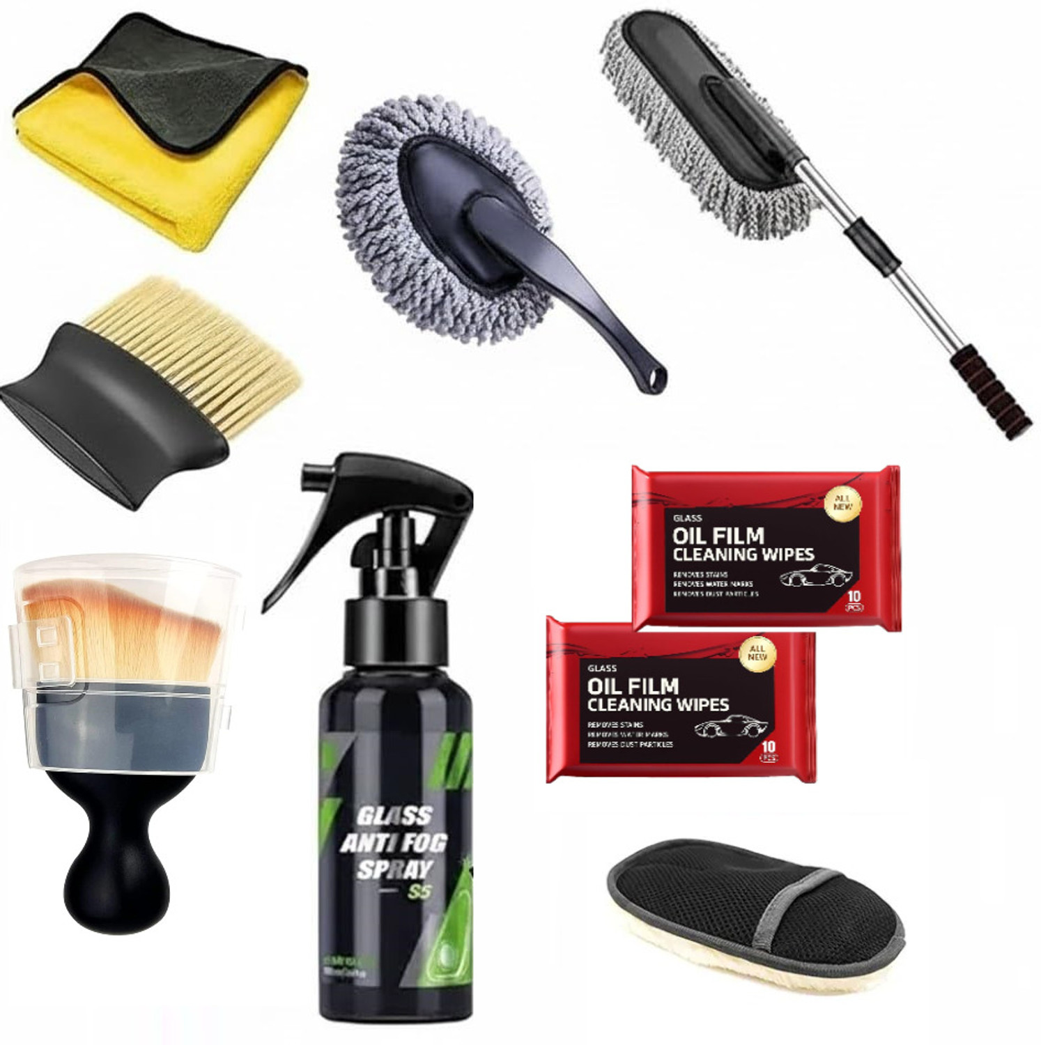 Image of JUNJULA 9in1Car CleaningKit|GlassCleaner Spray|MicrofiberDuster|ACvent Brush|Towel&Glove J5263 Vehicle Interior Cleaner