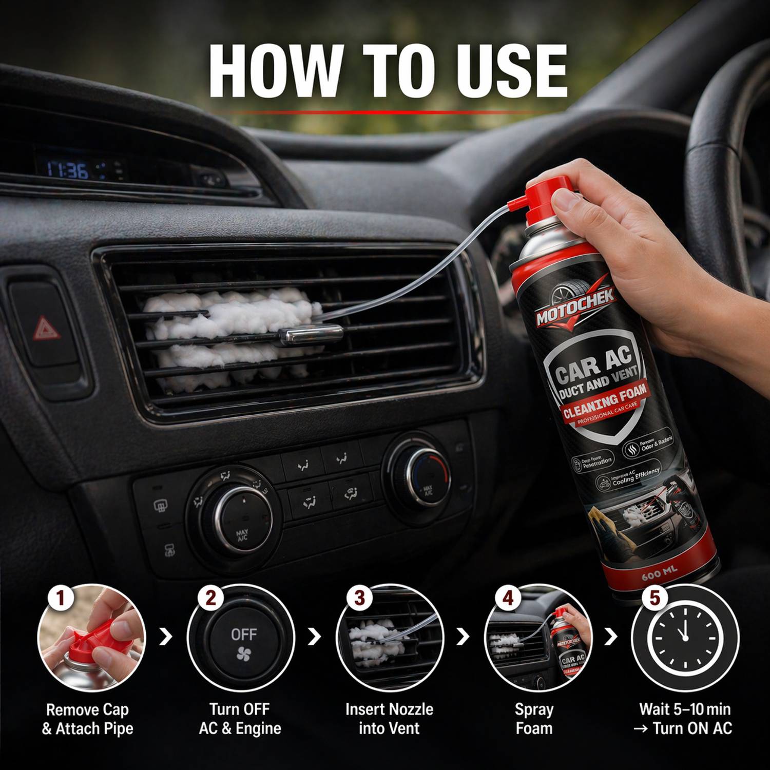 Motochek Car AC Vent & Duct Cleaner Foam Spray - Image 3