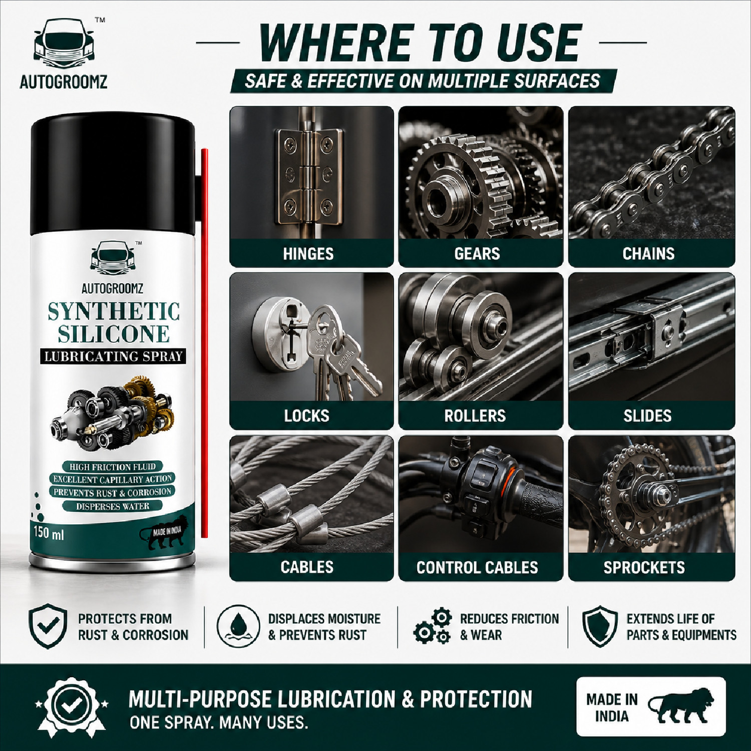 Image of AUTOGROOMZ Multi Surface Lubrication for Metal, Rubber & Plastic Silicone Lubricant Spray Pack of 2 (150ml Each) Vehicle Interior Cleaner