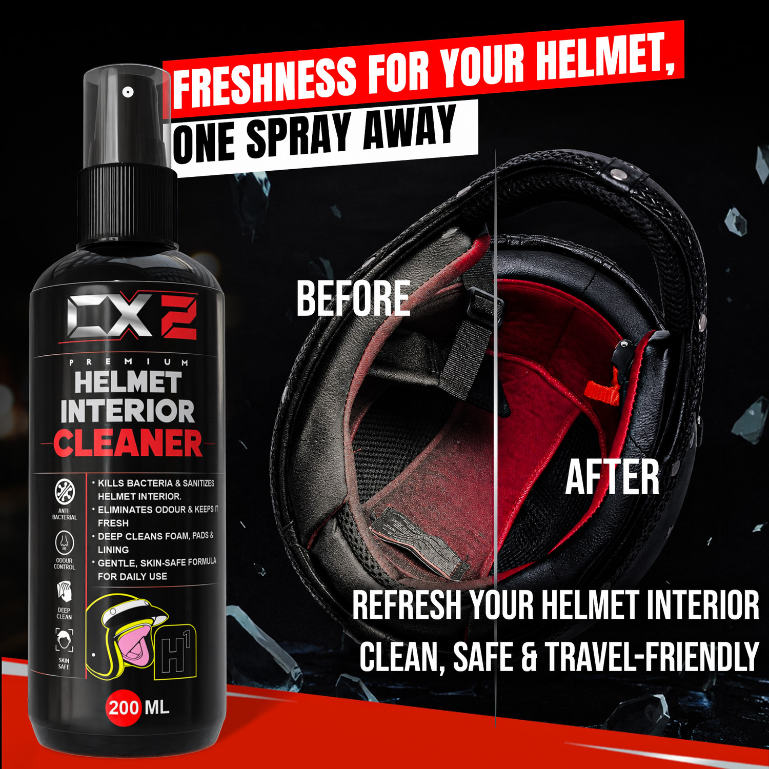 Image of CX2 Anti Bacterial Spray for H1 Helmet Interior and H2 Exterior Cleaner Kit Quick Dry Formula, Removes Sweat & Smell, Helmet Cleaning Liquid for Helmets Vehicle Interior Cleaner (400 ml)
