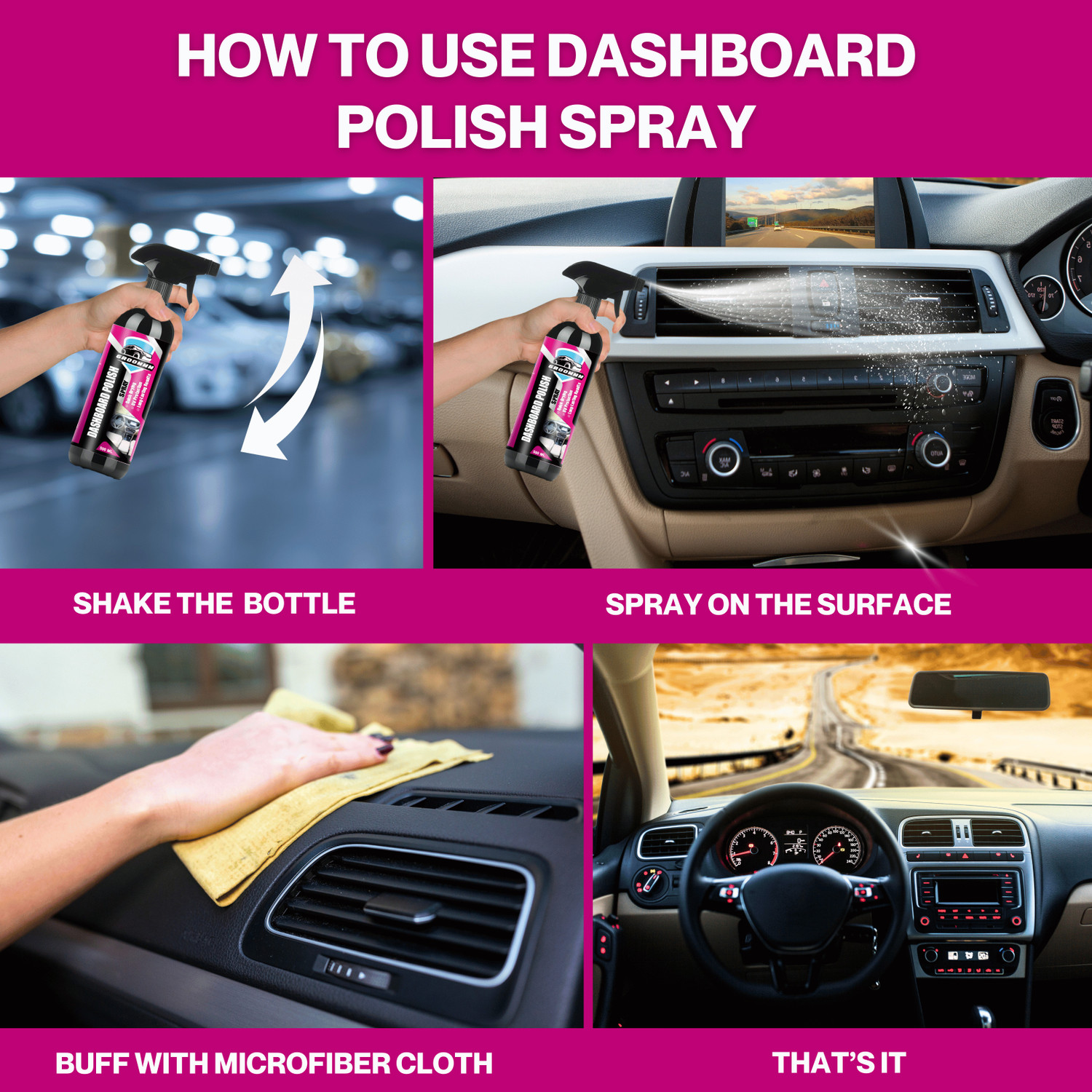 Image of Groommm Car Interior Cleaner & Dashboard Polish Combo (500Ml X 2) With Microfiber Cloth GRM DASH UPHOL COMBO Vehicle Interior Cleaner
