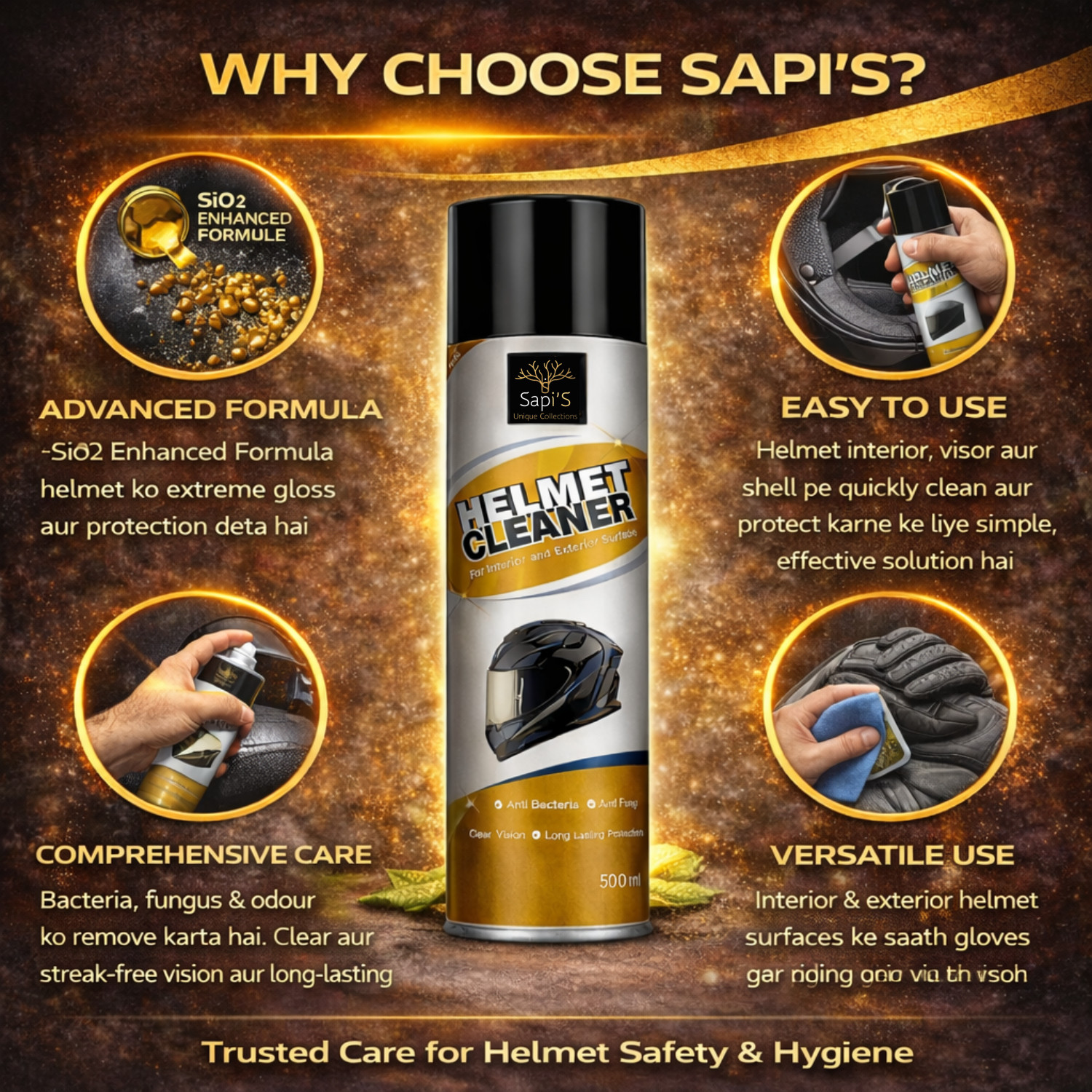 Image of SAPI'S Helmet Cleaning Interior and Exterior Helmet Cleaner Spray, 500 ml Pack of 2 Vehicle Interior Cleaner
