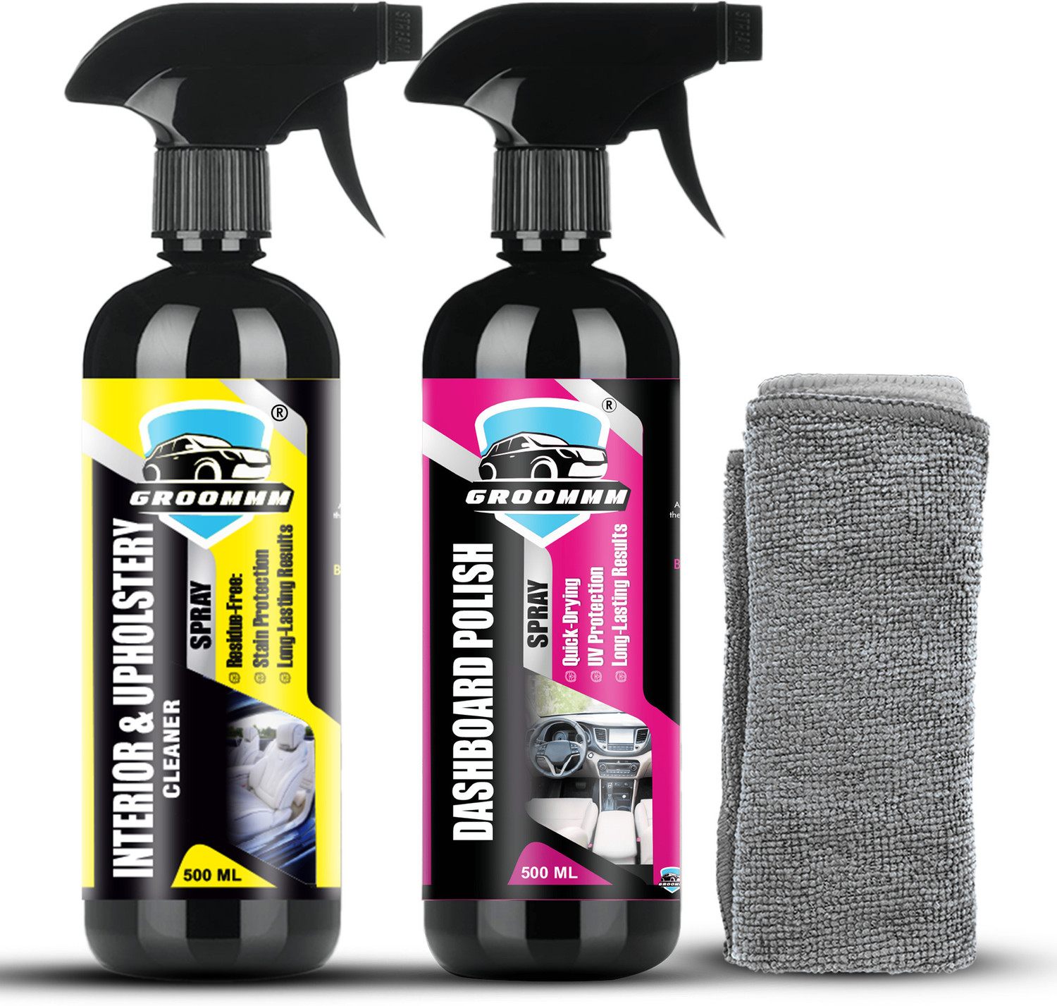 Image of Groommm Car Interior Cleaner & Dashboard Polish Combo (500Ml X 2) With Microfiber Cloth GRM DASH UPHOL COMBO Vehicle Interior Cleaner