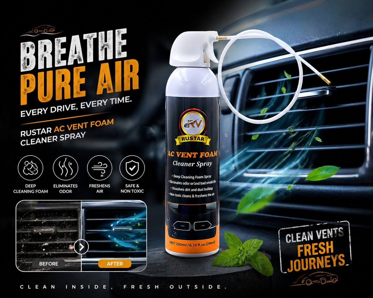 Image of RUSTAR Car AC Vent & Duct /Dust Cleaner Foam Spray with Long Nozel Pipe |Removes Dust And Mould from AC | Vehicle Interior Cleaner