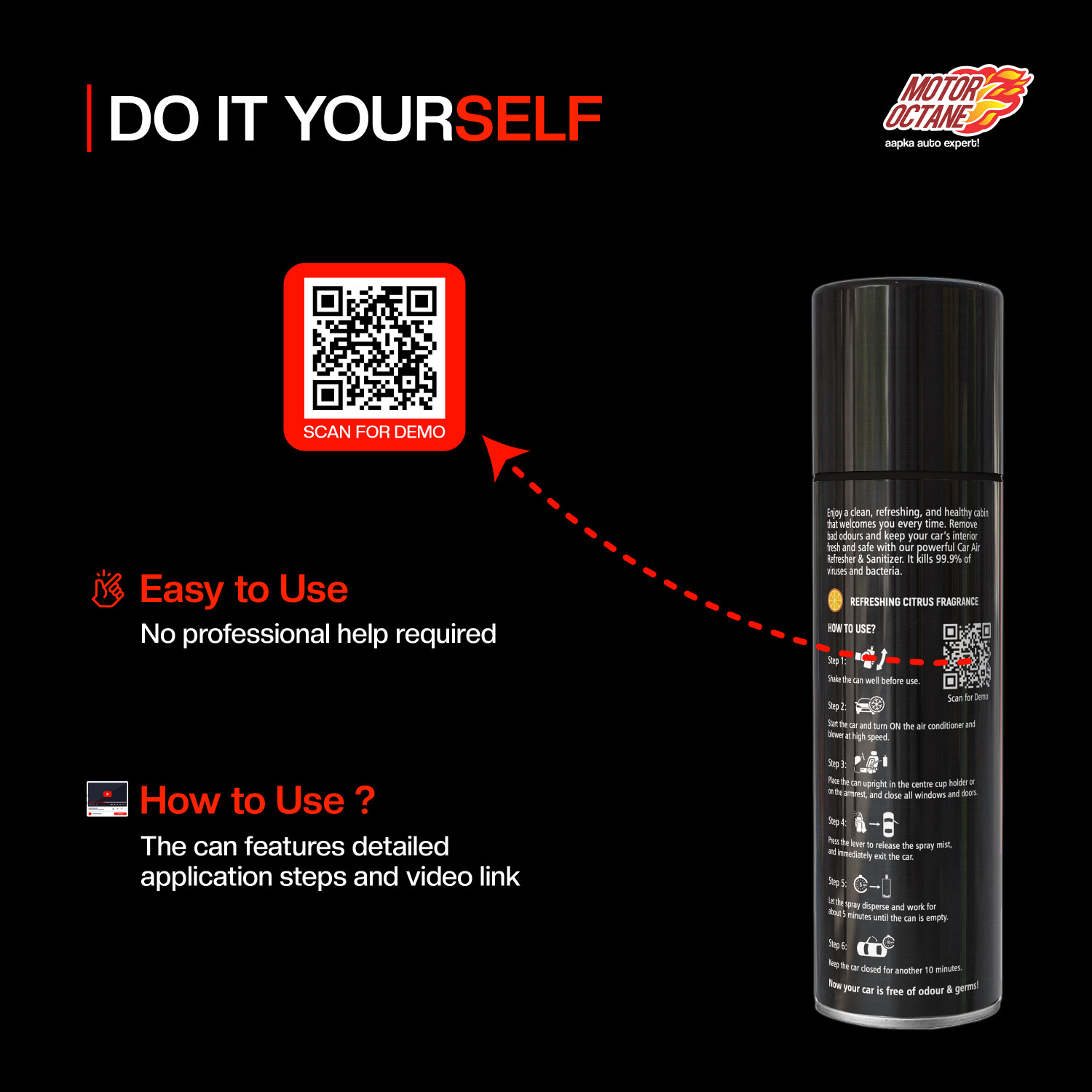 Image of MOTOROCTANE Car Air Refresher & Sanitizer Spray AC Disinfectant, Sanitizes Cabin, New Car Smell - Citrus Fragrance Vehicle Interior Cleaner