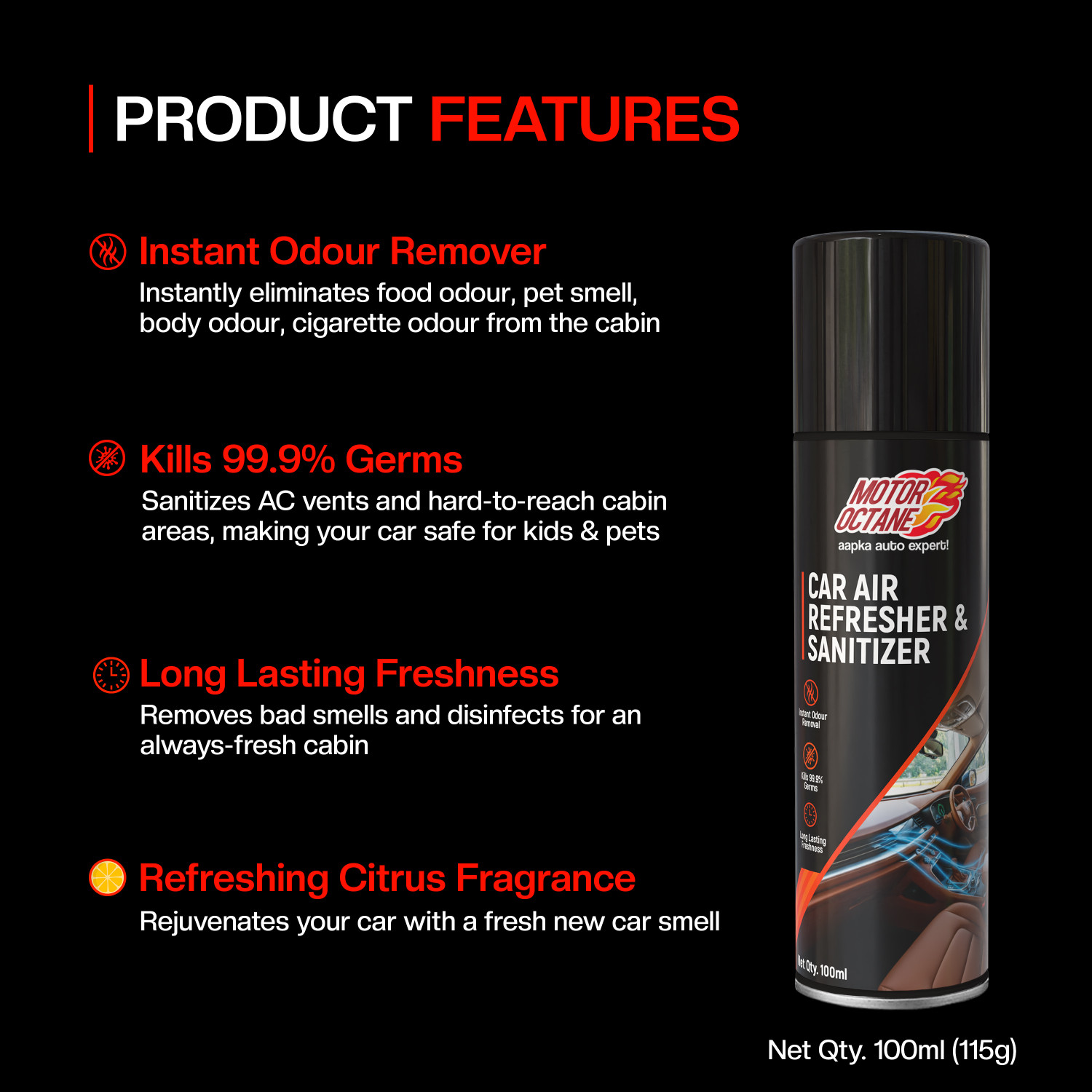 Image of MOTOROCTANE Car Air Refresher & Sanitizer Spray AC Disinfectant, Sanitizes Cabin, New Car Smell - Citrus Fragrance Vehicle Interior Cleaner