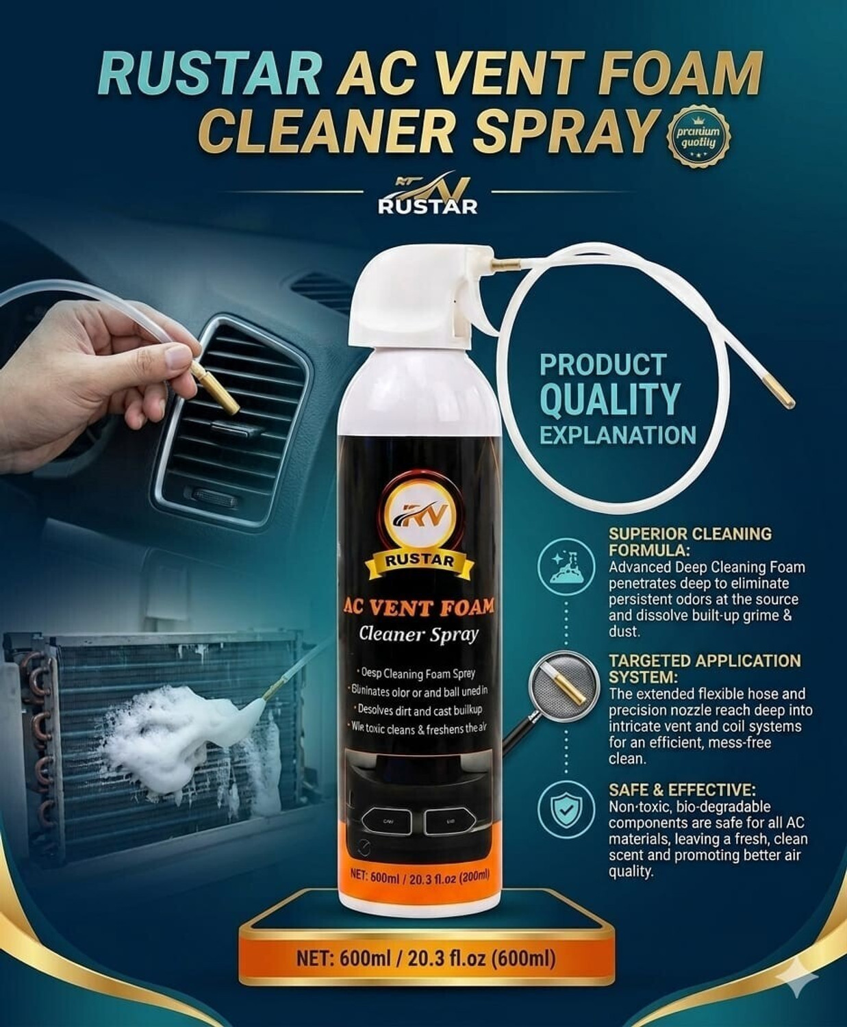Image of RUSTAR Car AC Vent & Duct /Dust Cleaner Foam Spray with Long Nozel Pipe |Removes Dust And Mould from AC | Vehicle Interior Cleaner