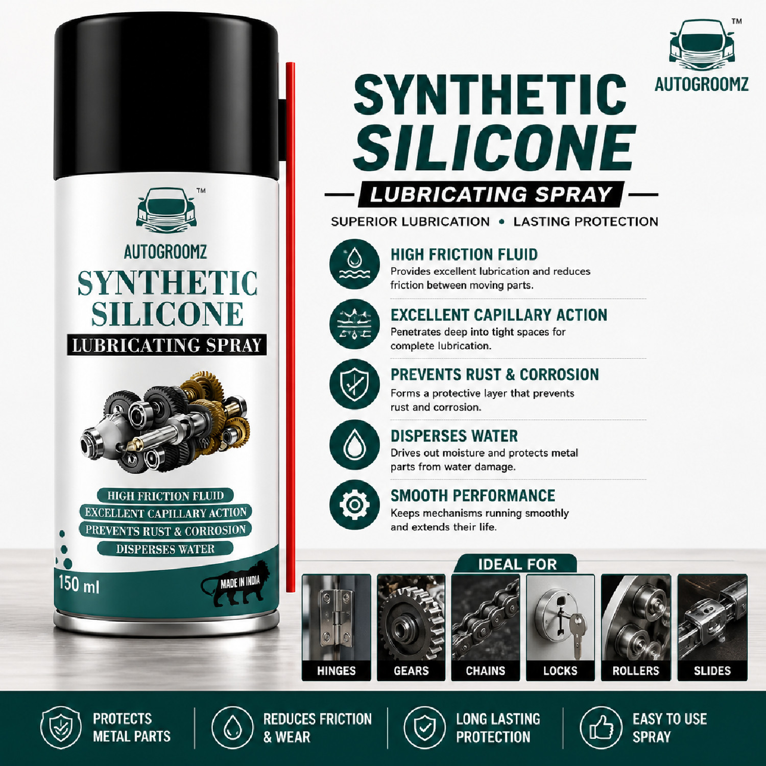 Image of AUTOGROOMZ Multi Surface Lubrication for Metal, Rubber & Plastic Silicone Lubricant Spray Pack of 2 (150ml Each) Vehicle Interior Cleaner