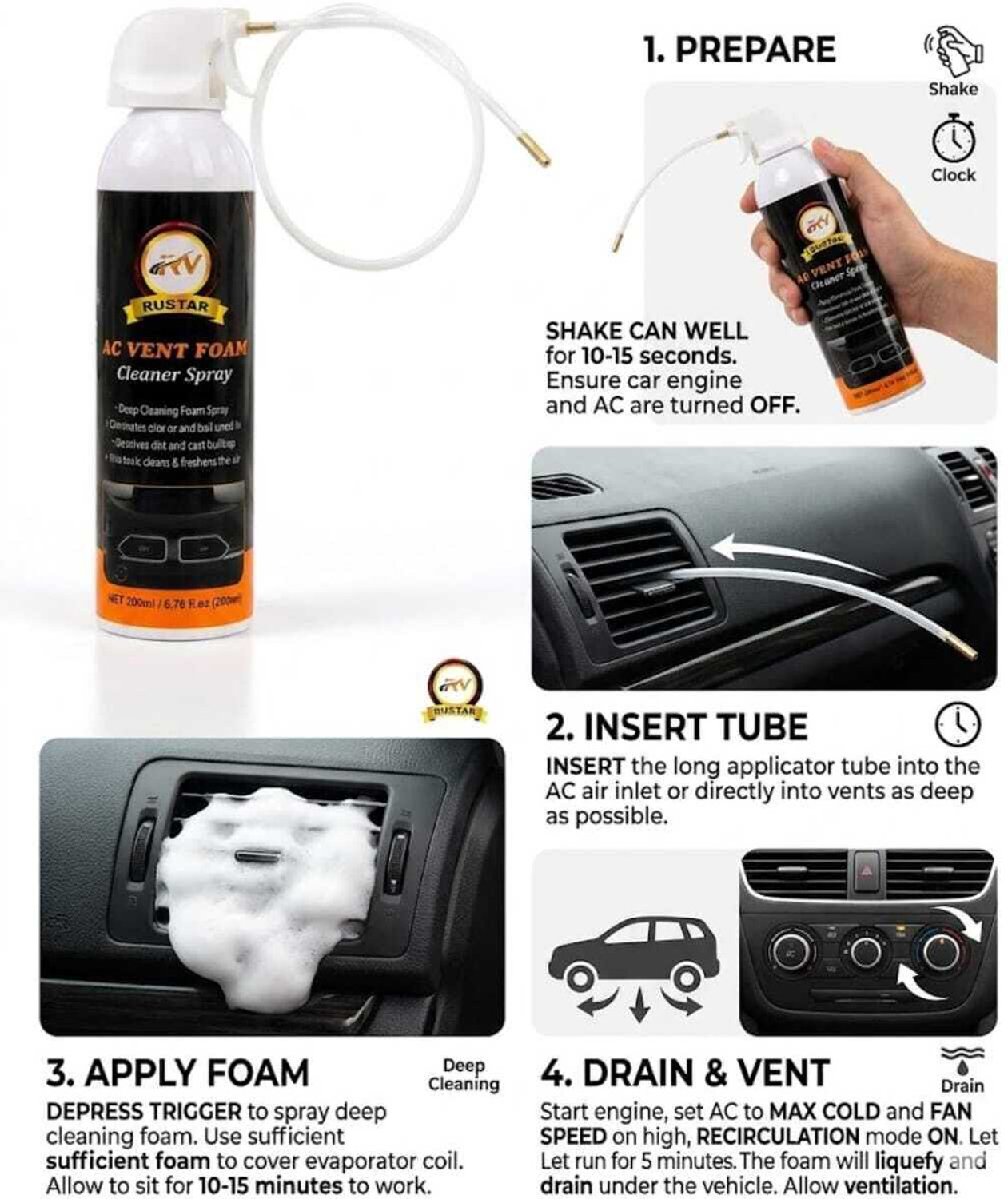 Image of RUSTAR Car AC Vent & Duct /Dust Cleaner Foam Spray with Long Nozel Pipe |Removes Dust And Mould from AC | Vehicle Interior Cleaner