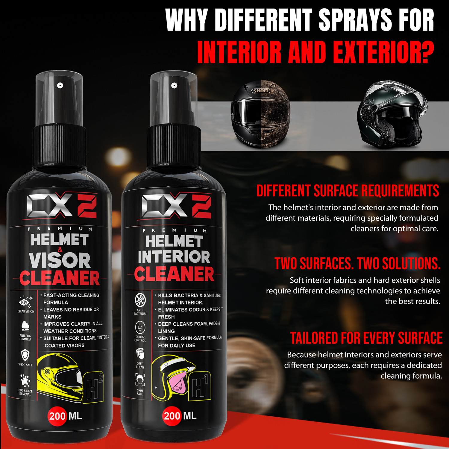 Image of CX2 Anti Bacterial Spray for H1 Helmet Interior and H2 Exterior Cleaner Kit Quick Dry Formula, Removes Sweat & Smell, Helmet Cleaning Liquid for Helmets Vehicle Interior Cleaner (400 ml)