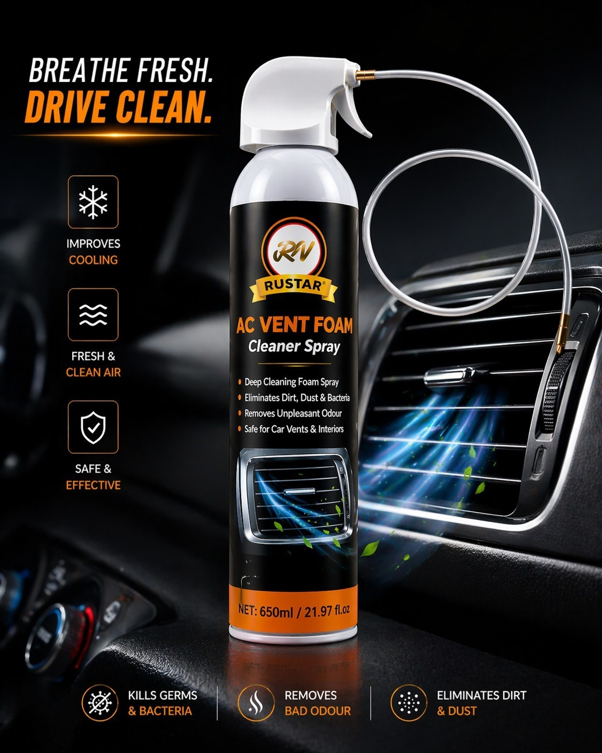 Image of RUSTAR Car Ac Vent & Duct /Dust Cleaner Spray with Long Nozel Pipe |Effective Cleaning| Vehicle Interior Cleaner