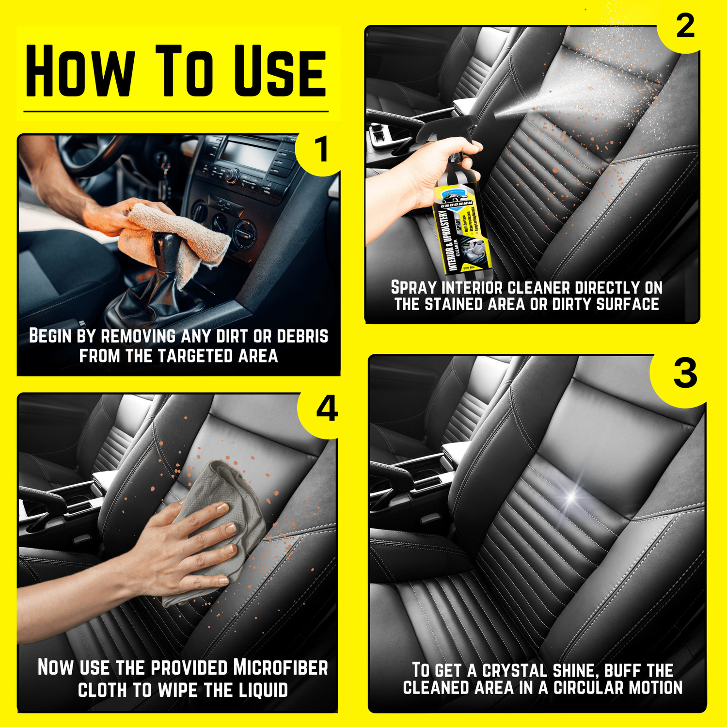 Image of Groommm Car Interior Cleaner & Dashboard Polish Combo (500Ml X 2) With Microfiber Cloth GRM DASH UPHOL COMBO Vehicle Interior Cleaner