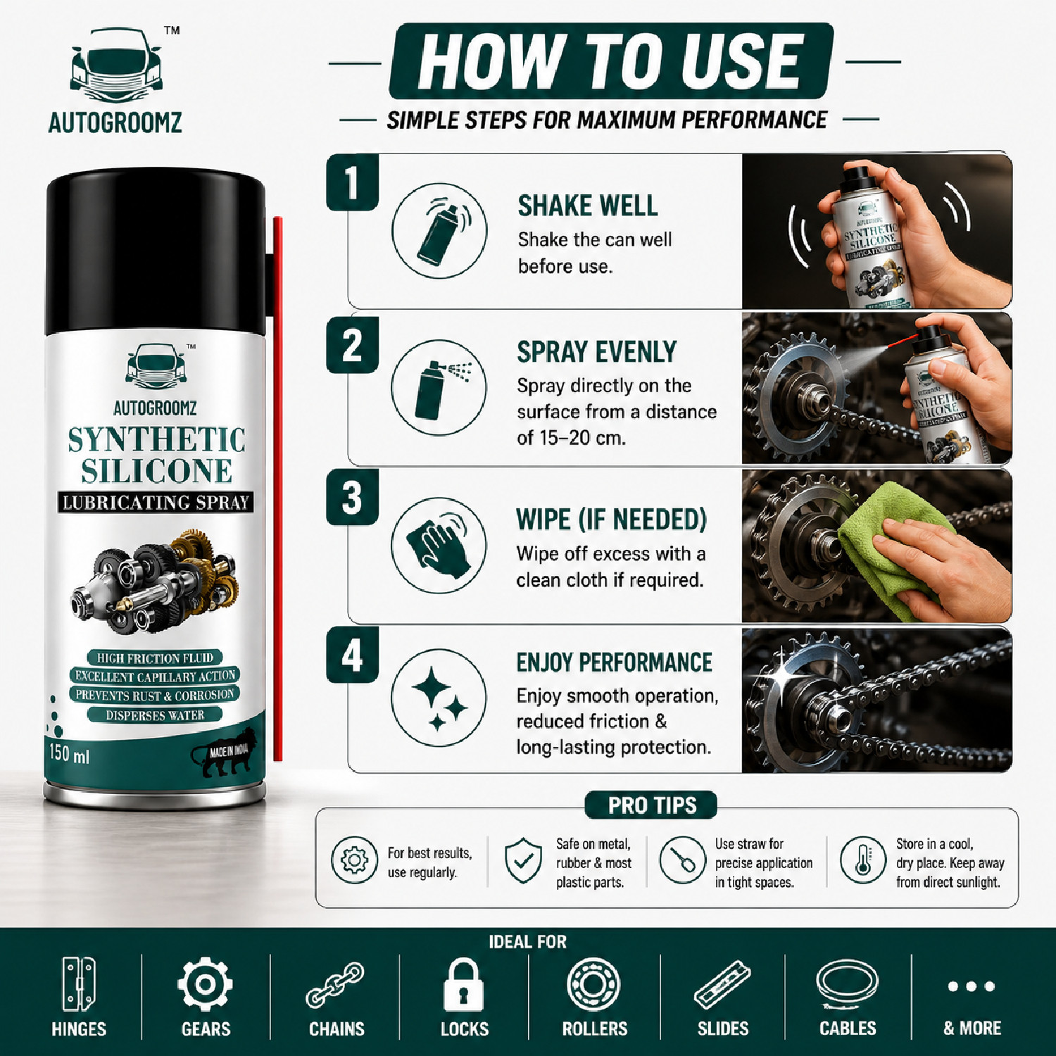 Image of AUTOGROOMZ Multi Surface Lubrication for Metal, Rubber & Plastic Silicone Lubricant Spray Pack of 2 (150ml Each) Vehicle Interior Cleaner