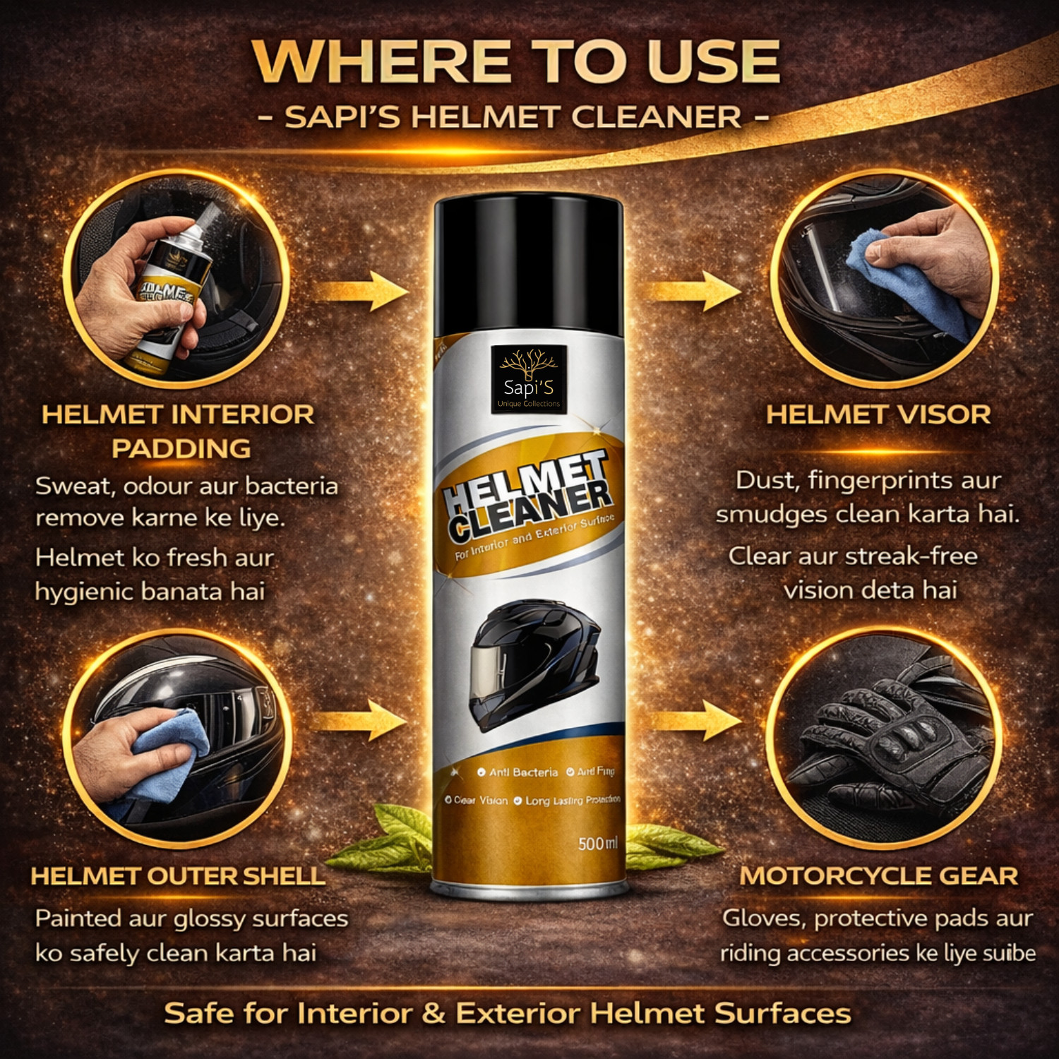 Image of SAPI'S Helmet Cleaning Interior and Exterior Helmet Cleaner Spray, 500 ml Pack of 2 Vehicle Interior Cleaner