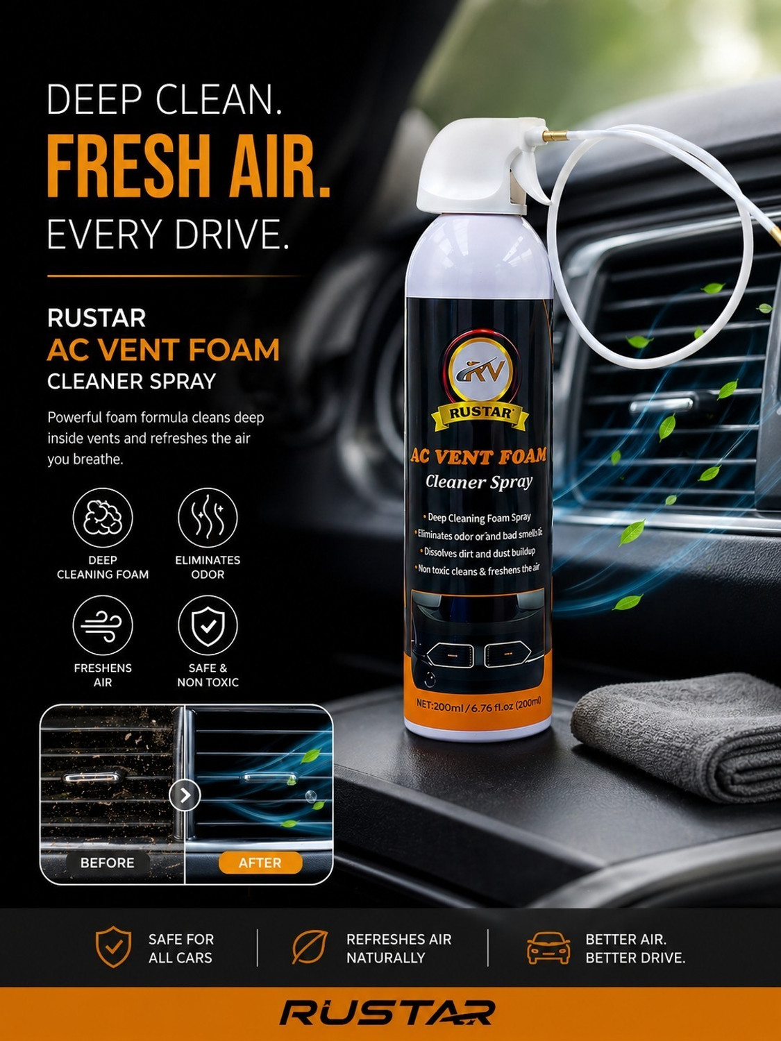Image of RUSTAR Car Ac Vent & Duct /Dust Cleaner Spray with Long Nozel Pipe |Effective Cleaning| Vehicle Interior Cleaner