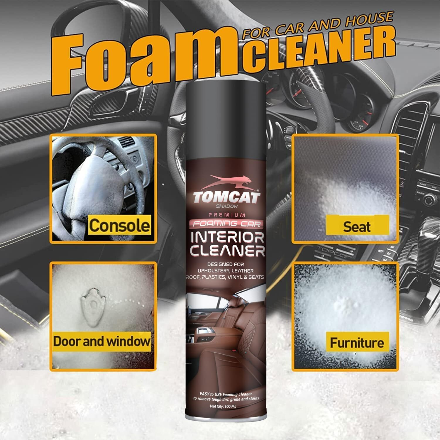 Image of TOM CAT SHADOW Foaming Car Interior Spray - All-in-One Cleaner 600ml Foaming Car Vehicle Interior Cleaner