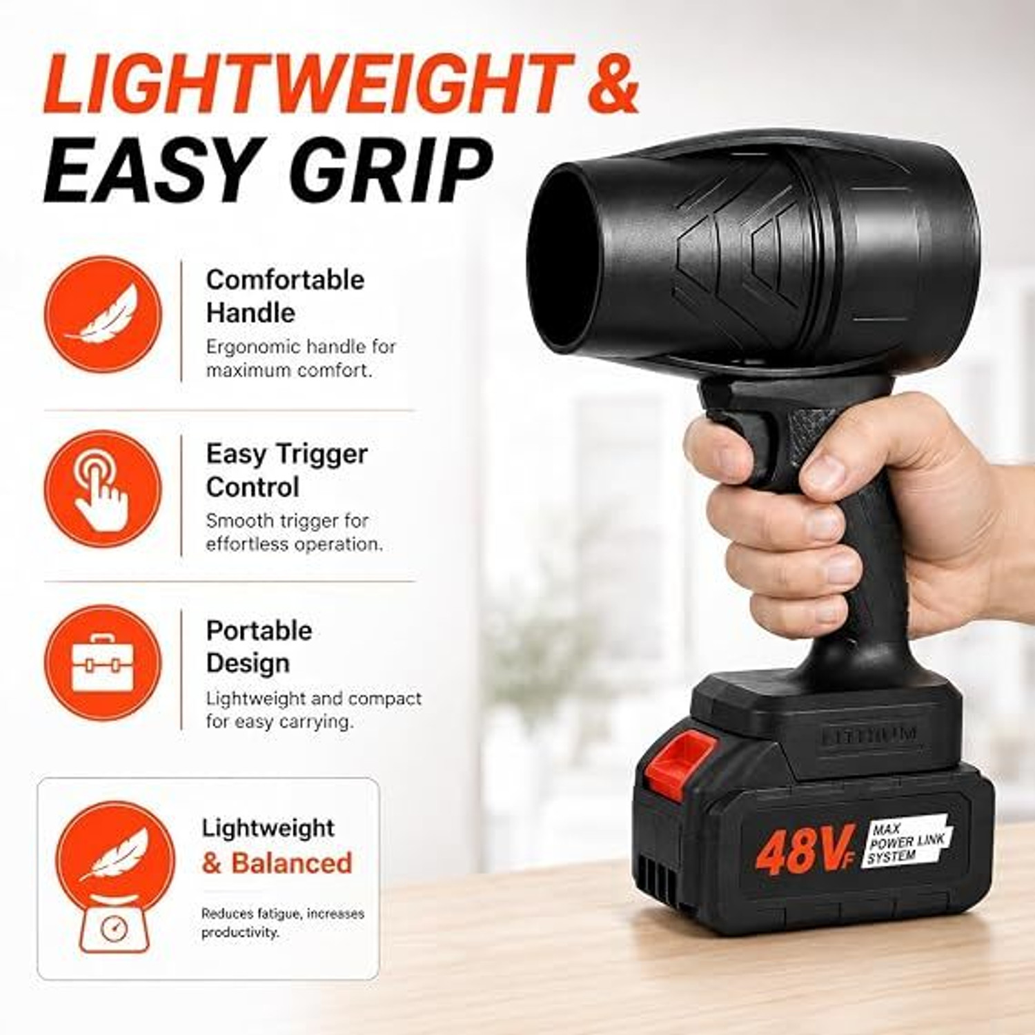 Image of RINMAY Handheld Electric Portable Air Blower Turbo Jet Blower Cordless 48V Handheld High Powerful Blow Brushless Car,Home Corner, Road Cleaning Vehicle Interior Cleaner