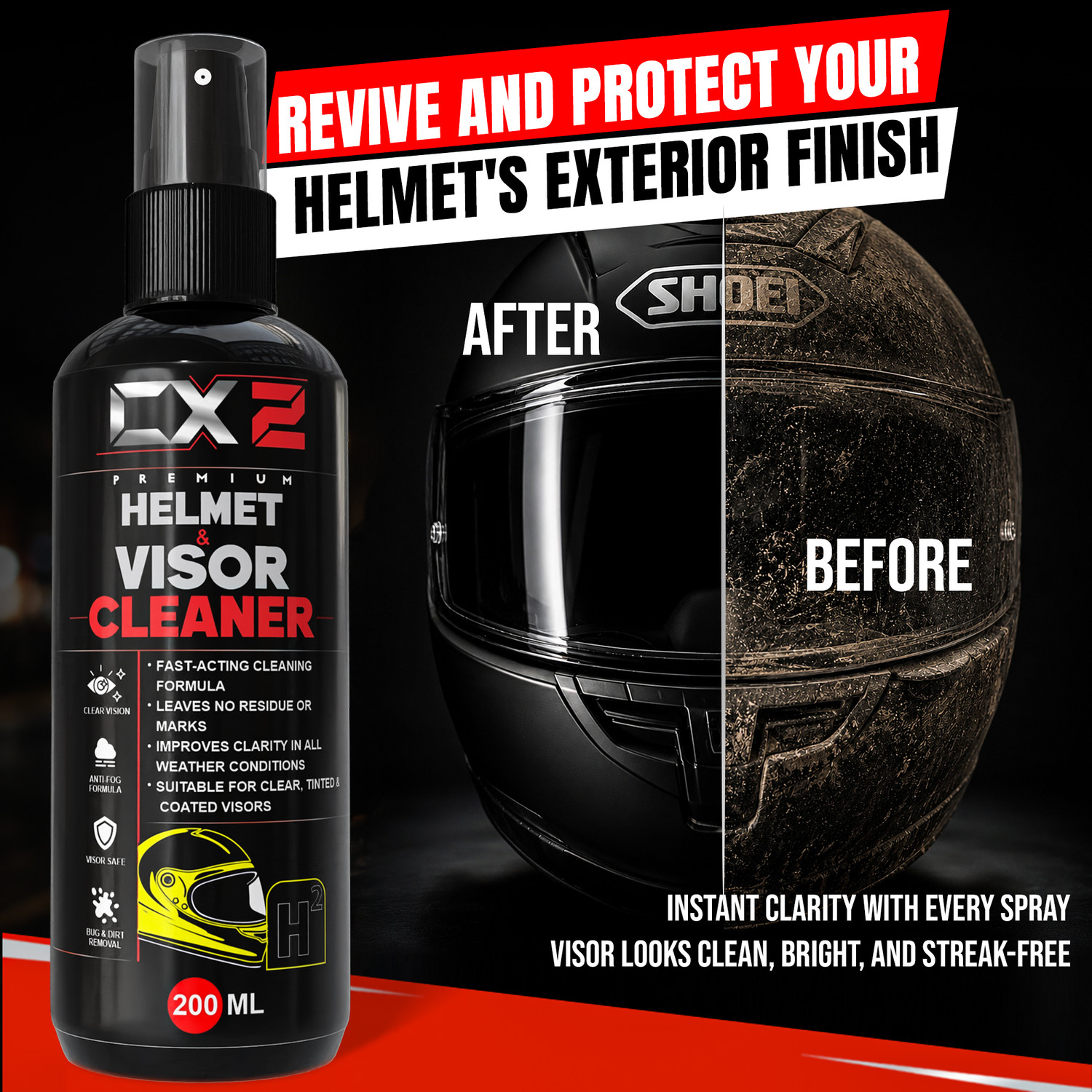Image of CX2 Anti Bacterial Spray for H1 Helmet Interior and H2 Exterior Cleaner Kit Quick Dry Formula, Removes Sweat & Smell, Helmet Cleaning Liquid for Helmets Vehicle Interior Cleaner (400 ml)