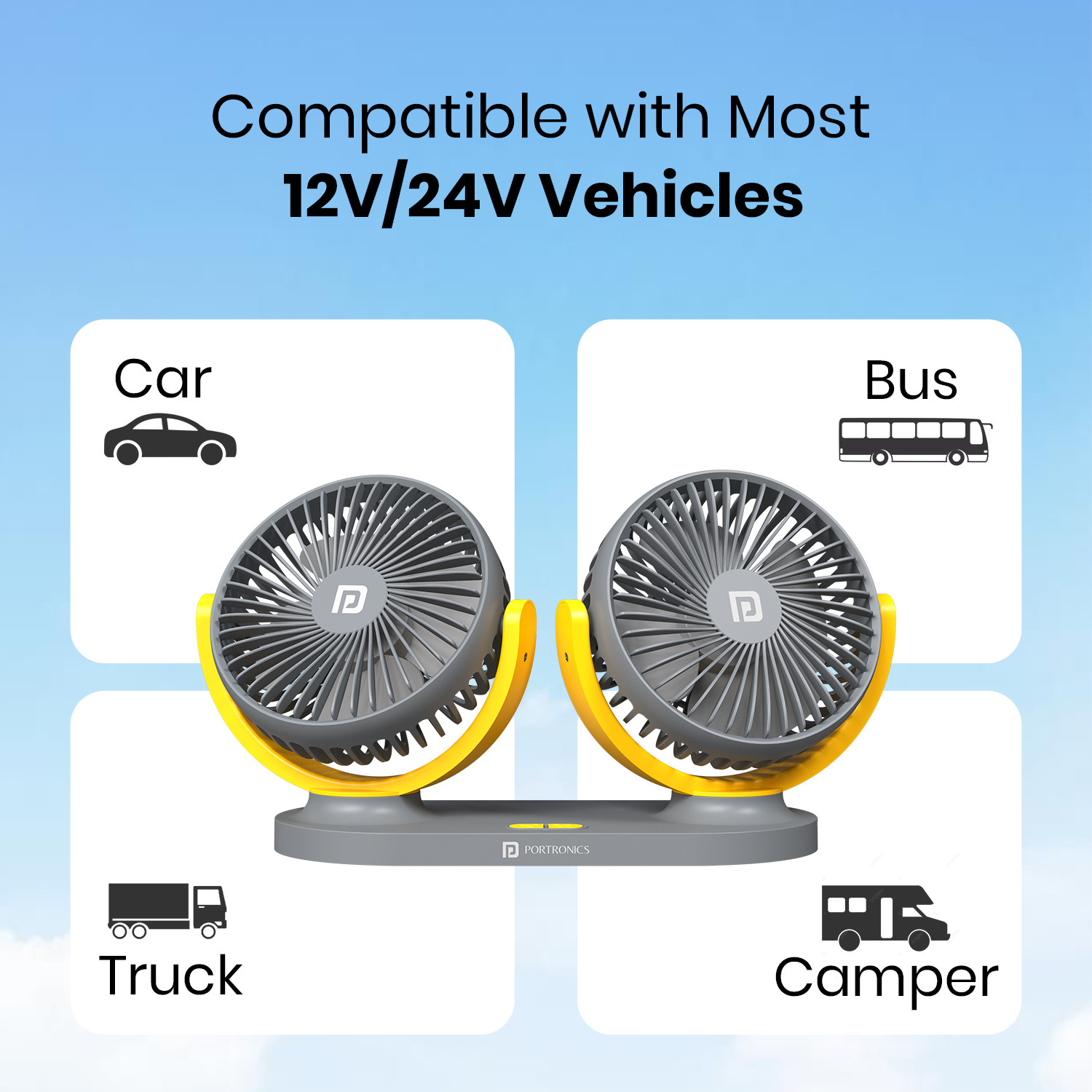 Image of Portronics Twin Cool Dual Head USB Powered Fan, 360 Rotatable, 3-Speed, 12V /24V Car Interior Fan
