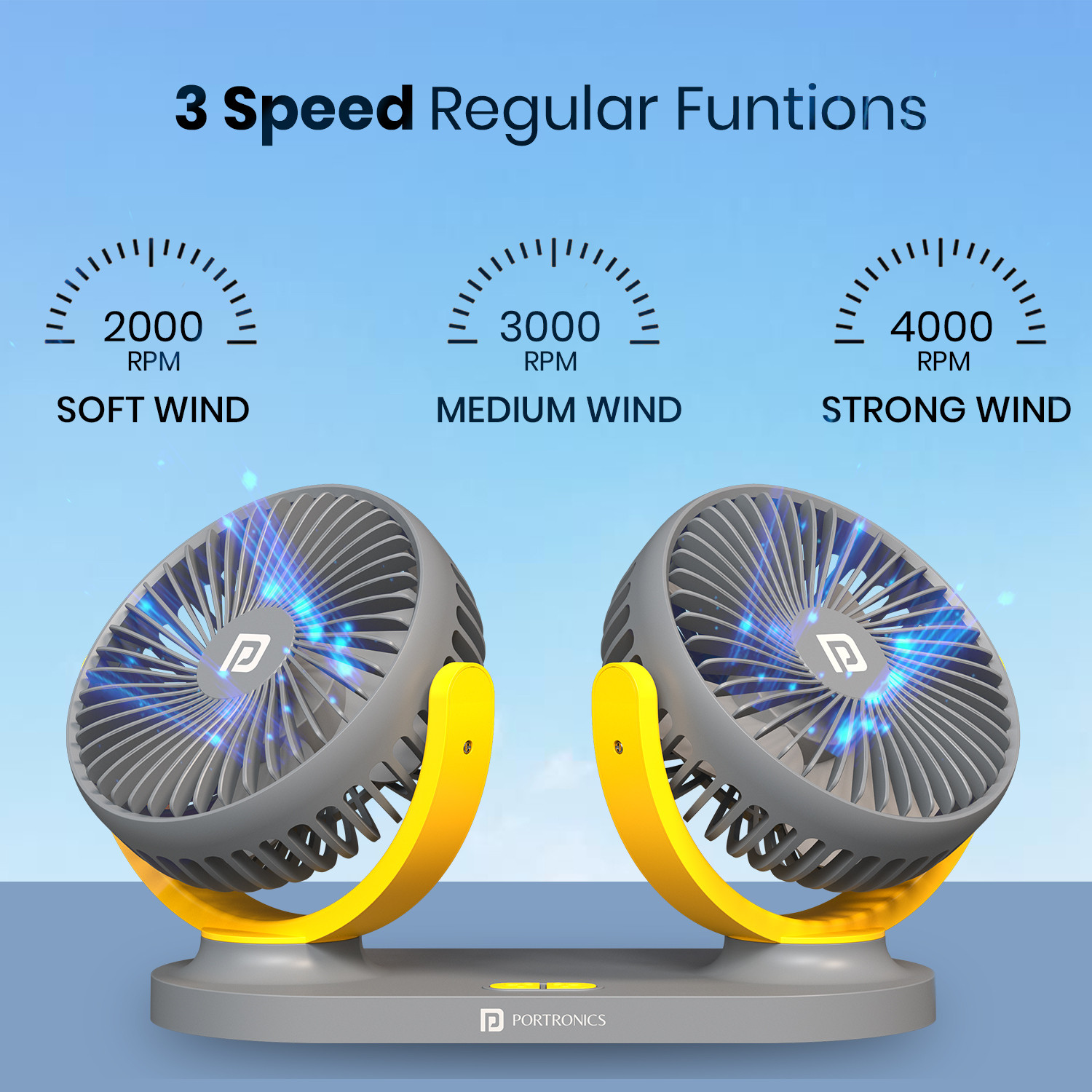 Image of Portronics Twin Cool Dual Head USB Powered Fan, 360 Rotatable, 3-Speed, 12V /24V Car Interior Fan