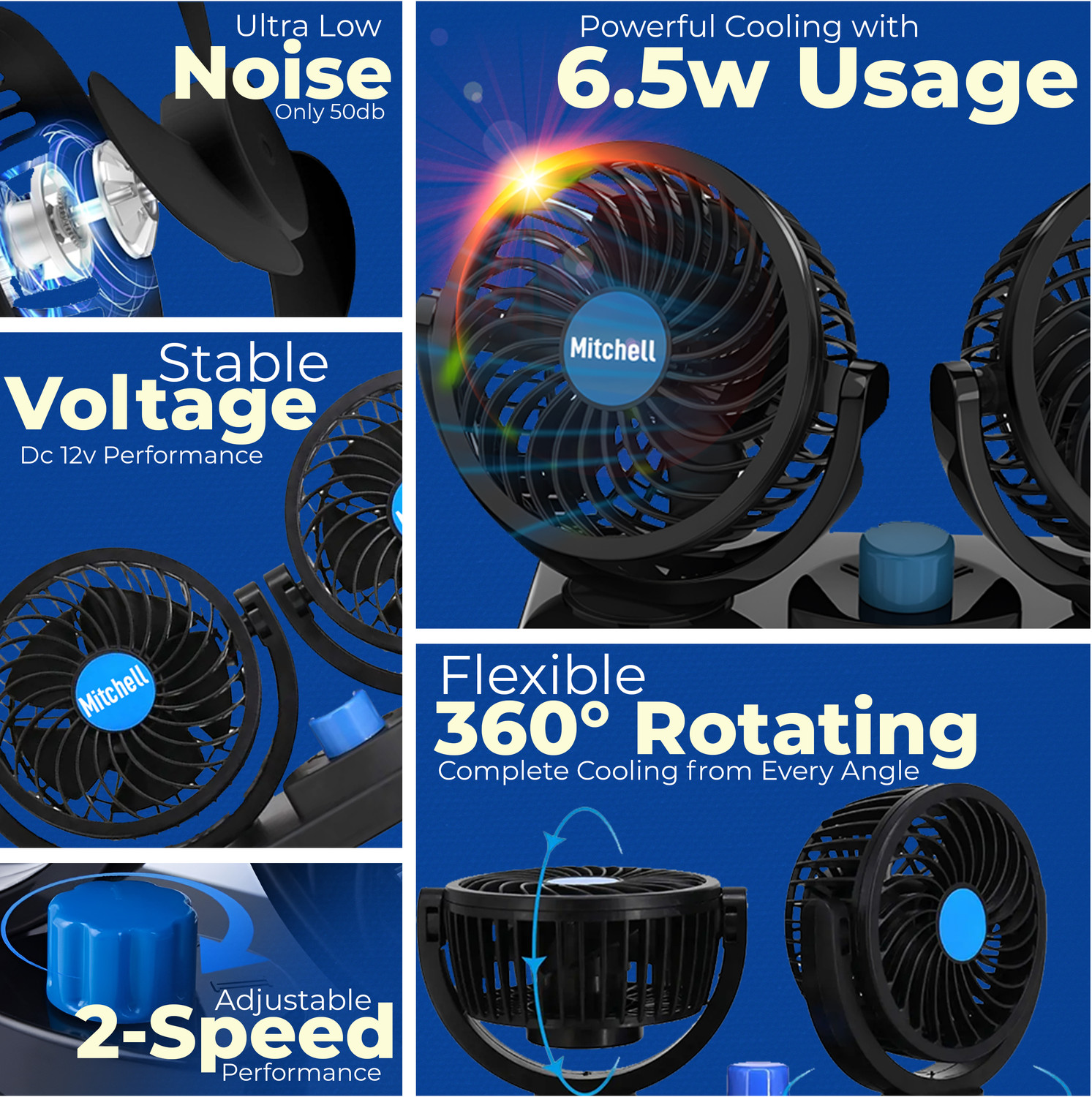 Image of Wagzo Mitchell 12V Car Dashboard Double Head Fan 360 Rotatable 2 Speed Cooling Fan Car Interior Fan