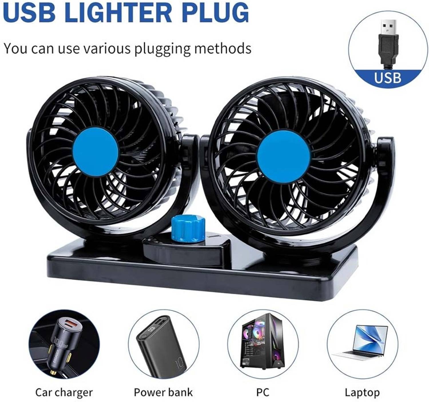Elite Dual Head Car Fan 5V USB with 360° Rotation for Laptop, Desk