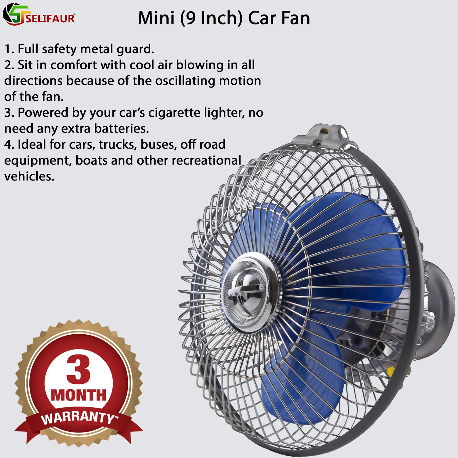 Image of Selifaur 9 inch /12 volt Dc / Full Metal Body Electric Fan for Car, Auto, Boat, Truck, Bus Car Interior Fan