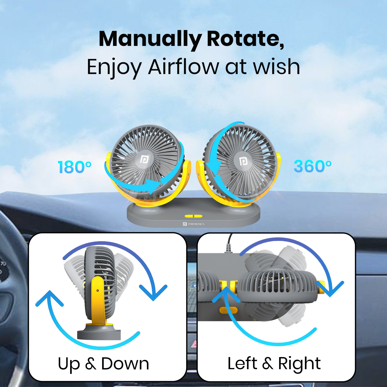 Image of Portronics Twin Cool Dual Head USB Powered Fan, 360 Rotatable, 3-Speed, 12V /24V Car Interior Fan