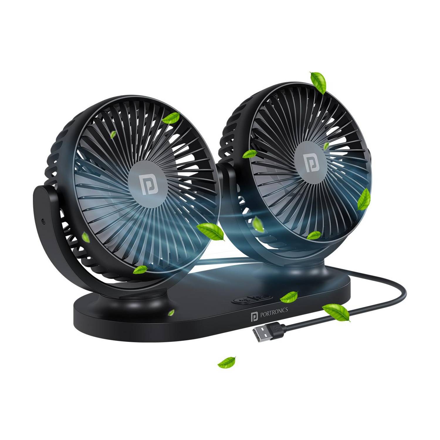 Portronics Twin Cool Portable Dual Head 360° Rotatable USB Fan With 3 Fan Speed,12/24v USB Car Interior Fan