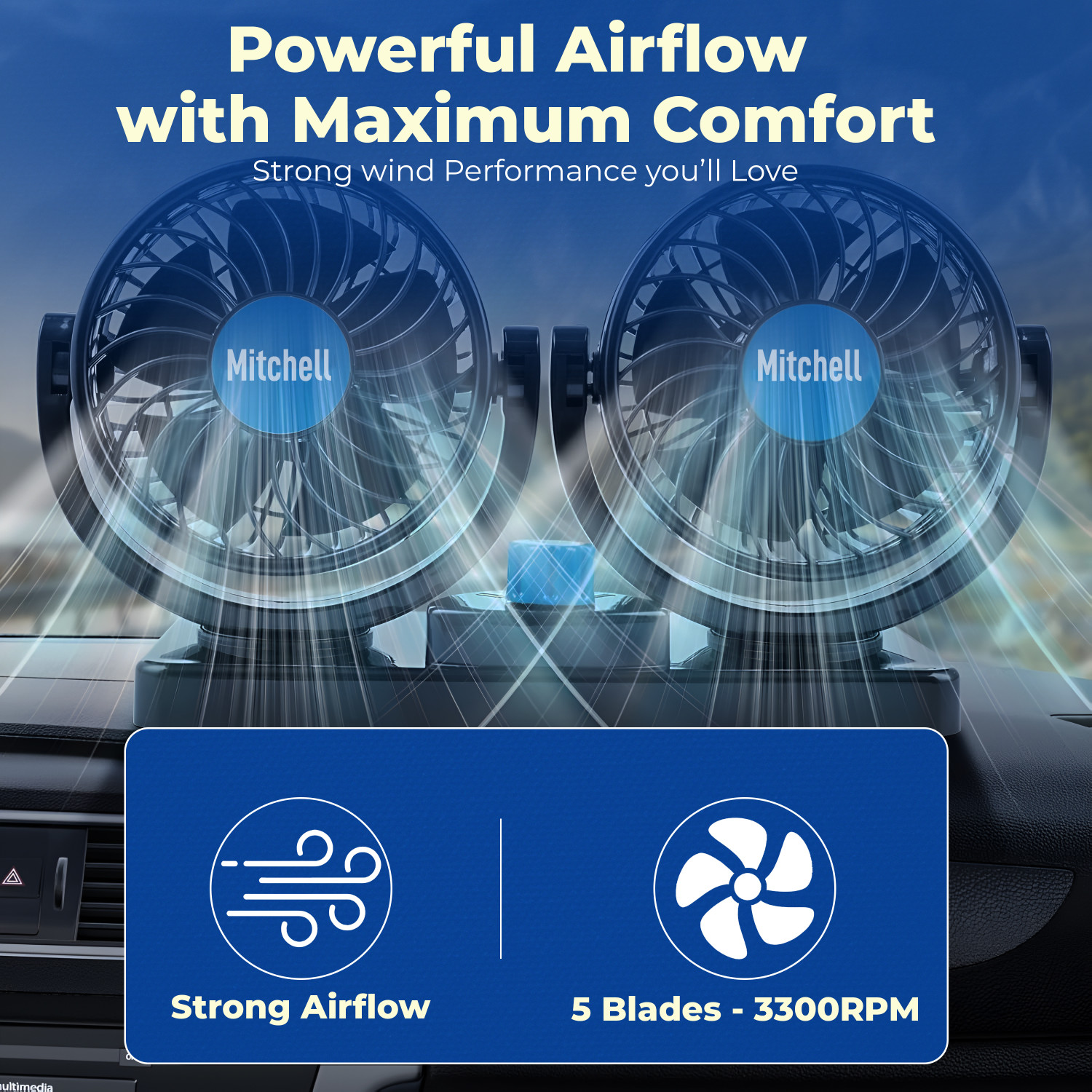 Image of Wagzo Mitchell 12V Car Dashboard Double Head Fan 360 Rotatable 2 Speed Cooling Fan Car Interior Fan
