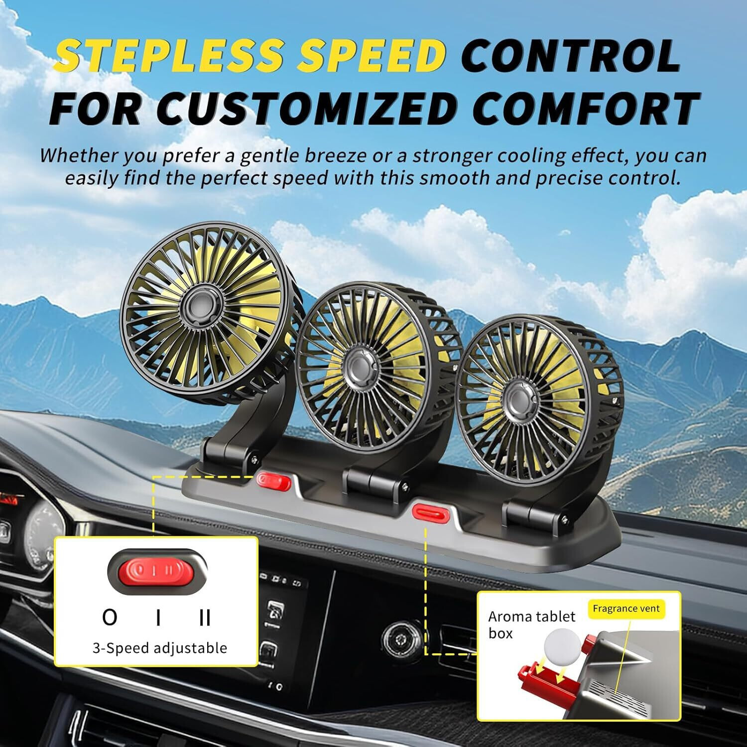 Image of EliteAuto high speed moveable triple head Car Turbine Green Fan 12V With 360 Degree Car Interior Fan