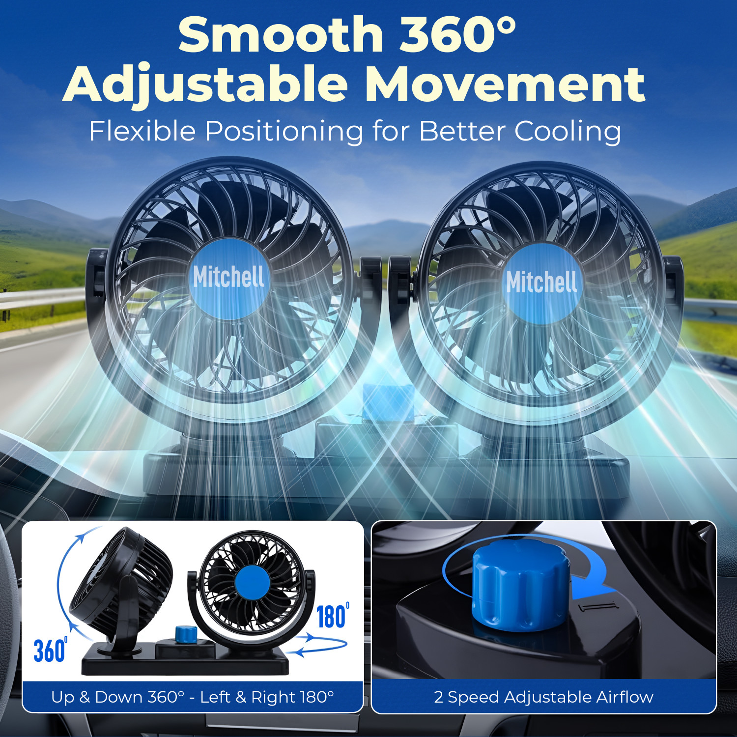 Image of Wagzo Mitchell 12V Car Dashboard Double Head Fan 360 Rotatable 2 Speed Cooling Fan Car Interior Fan