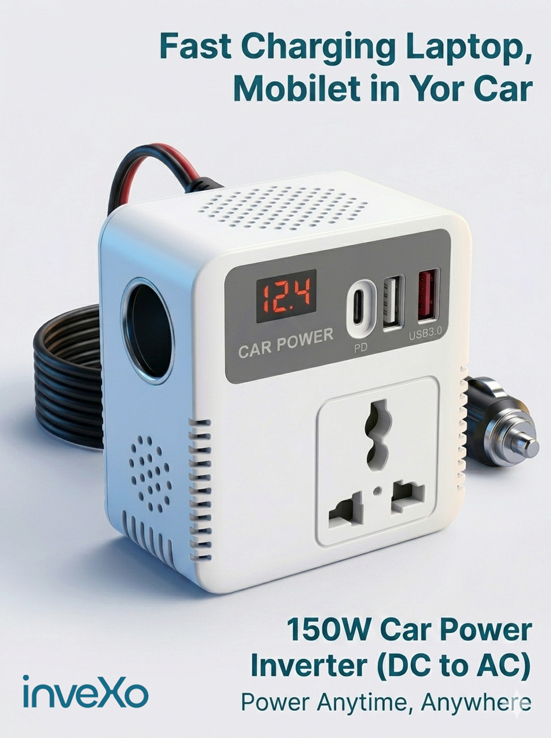 Image of inveXo 150W Car Power Inverter 12V DC to 220V AC, 2USB Ports (3.1A), Type-C Fast Charge Car Inverter