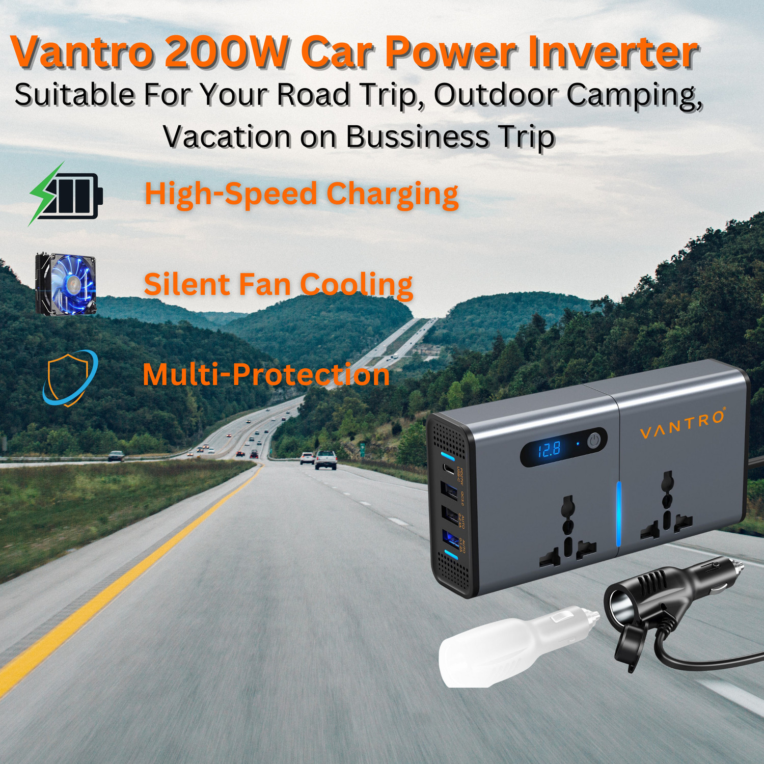 Image of Vantro Car Inverter with 1.2A&2.4A USB, 1 QC3.0 USB and 1 Type C Ports Car Inverter