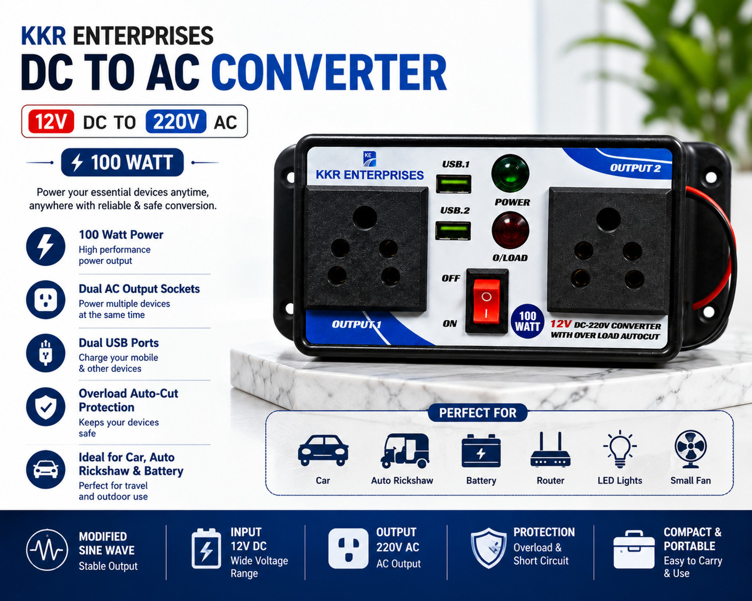 Image of KKR ENTER KKR-100W-12V /2USB Car Inverter