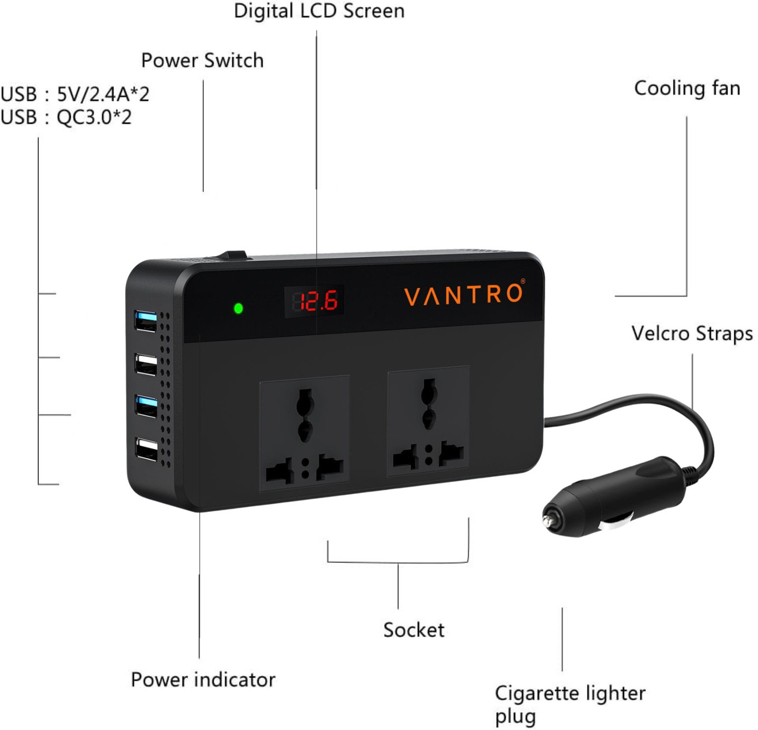 Image of Vantro Car Power 200W (400W Peak) with 2 AC Ports & 4 USB Ports Car Inverter