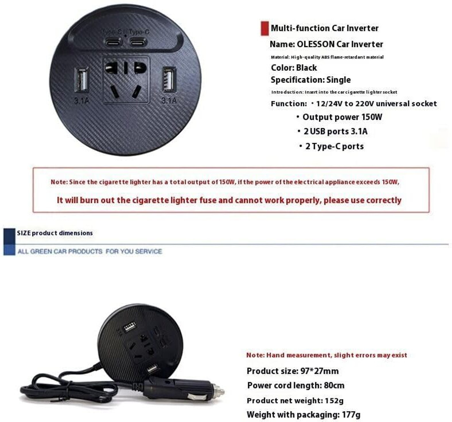 Image of varnirajimportexport Portable Car Power Inverter DC 12V /24V to AC 220V - Dual USB 3.1A Type-C Car Inverter