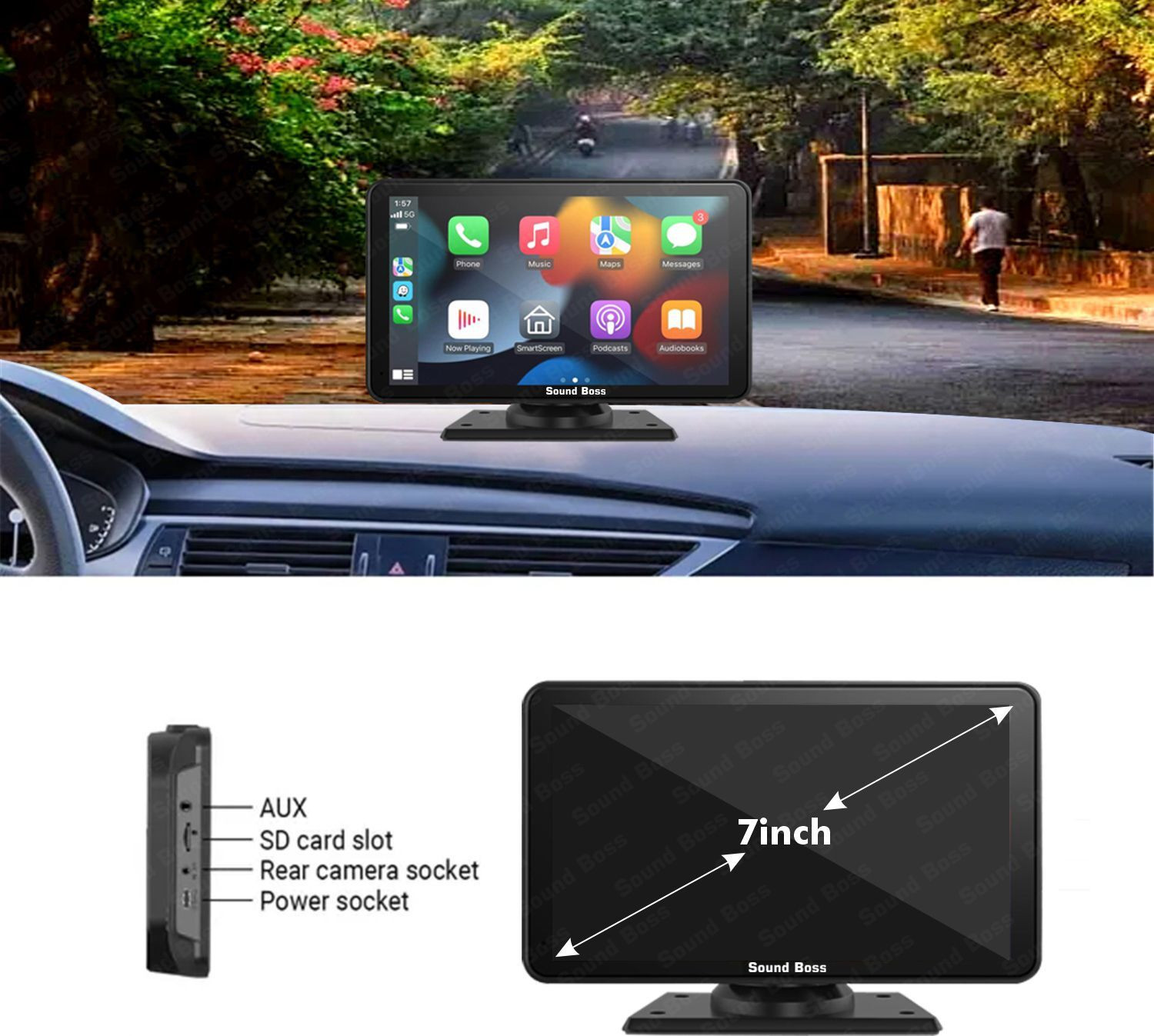 Image of Sound Boss 7 inch Smart Screen with CarPlay /Android Auto & In-Built Dual Dashcam Car Stereo