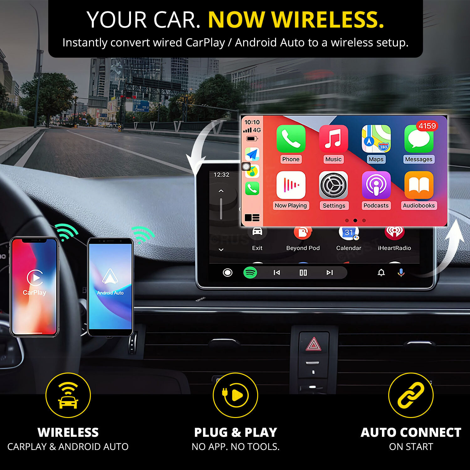 Image of Crust AutoLink W30 Wireless CarPlay & Android Auto Adapter Convert Wired to Wireless Car Stereo
