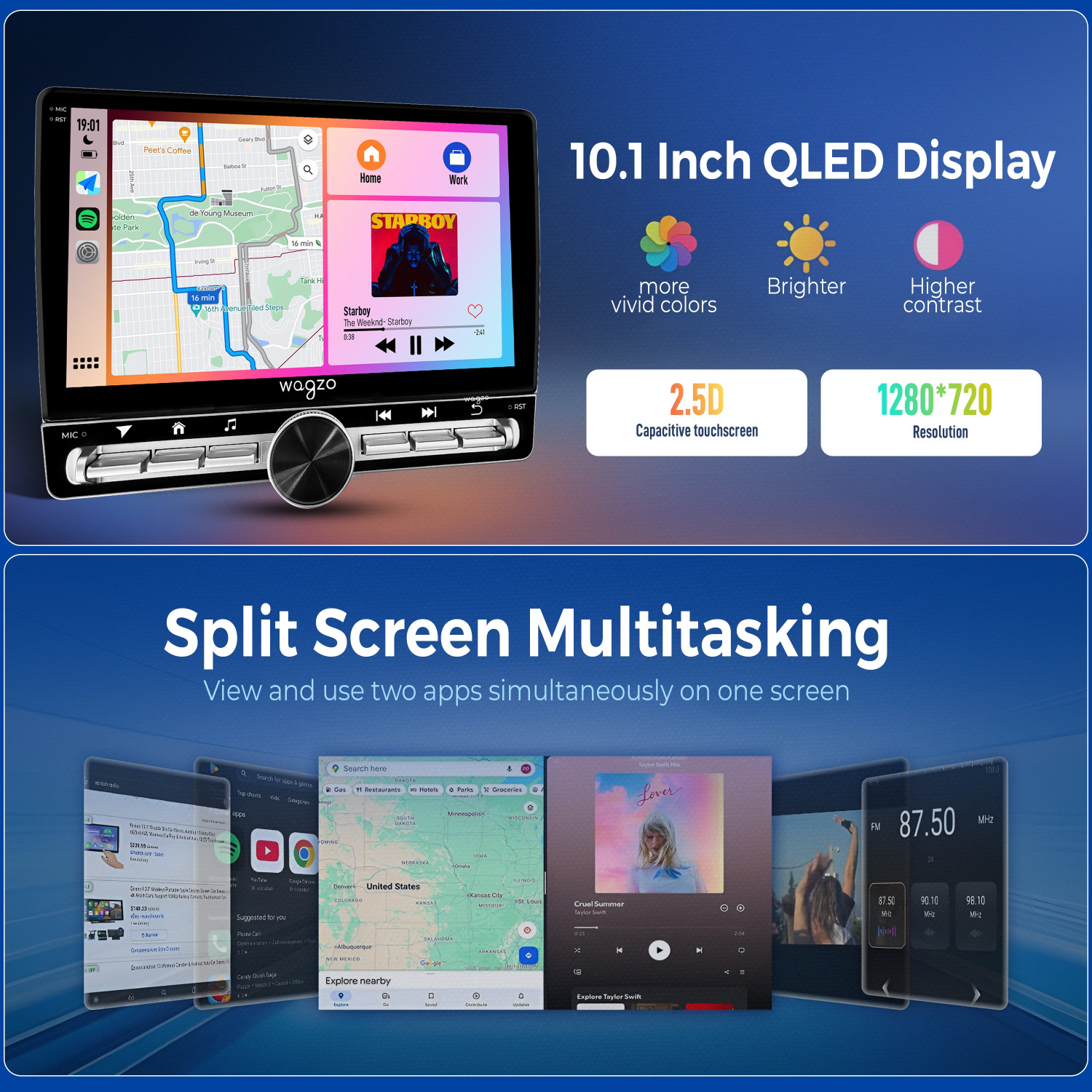 Image of Wagzo 2K Diamond Pianoseries CarPlay Android Auto 4thGen10.1in|4GB,64GB|With AhdCamera Car Stereo