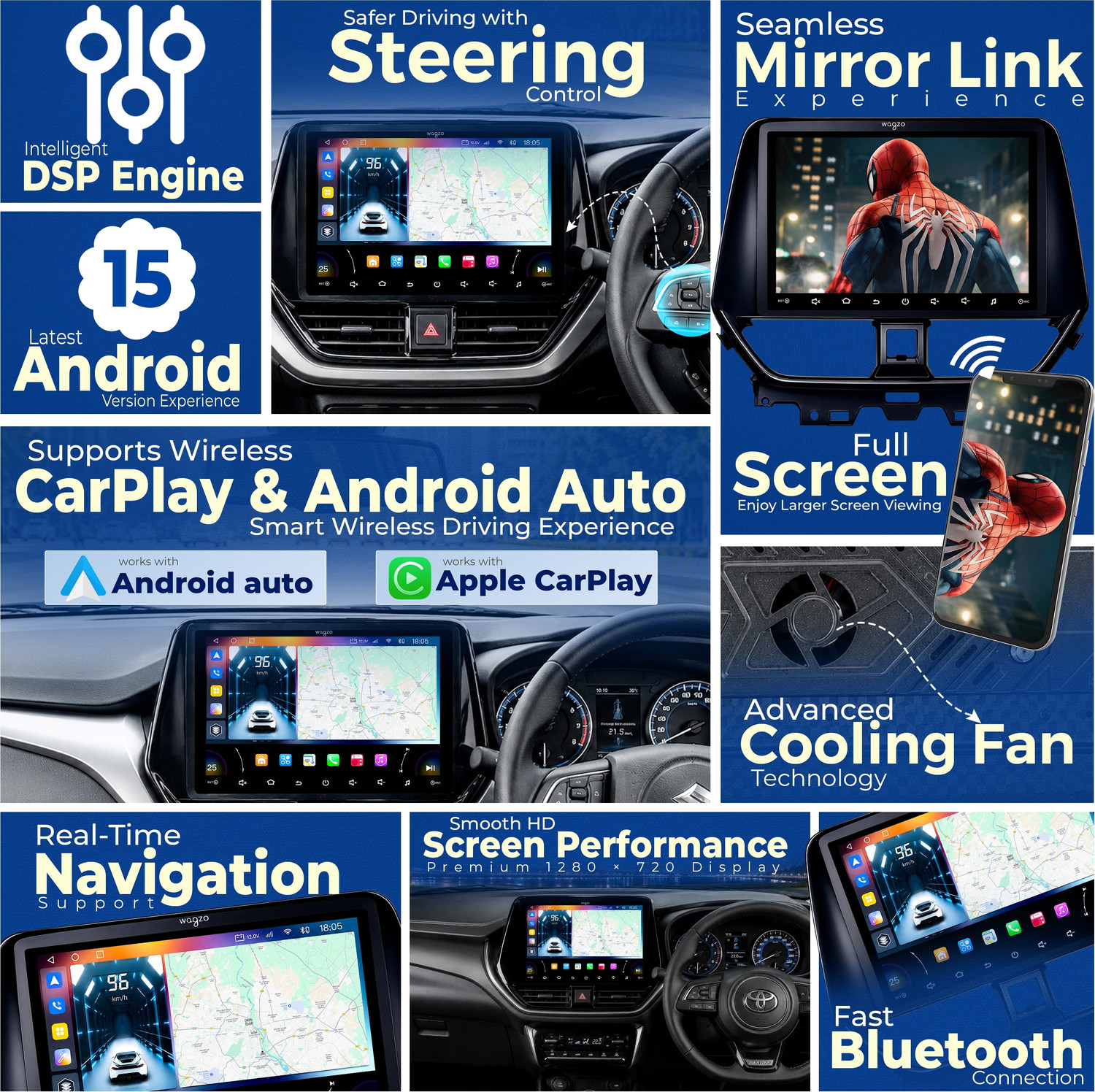 Image of Wagzo Car Android Player for Baleno /Glanza 4GB+64GB withWireless AndroidAuto & Carplay Car Stereo