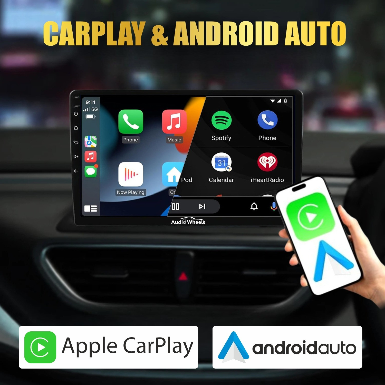 Image of Audio Wheels 9-Inch Car Android Touch Screen 2GB /32GB with Wireless CarPlay & 360 Camera Car Stereo