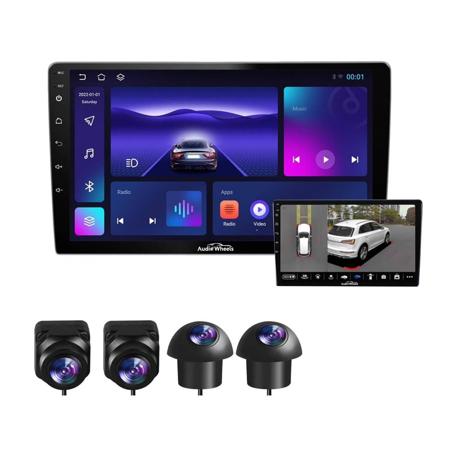 Image of Audio Wheels 9-Inch Car Android Touch Screen 2GB /32GB with Wireless CarPlay & 360 Camera Car Stereo