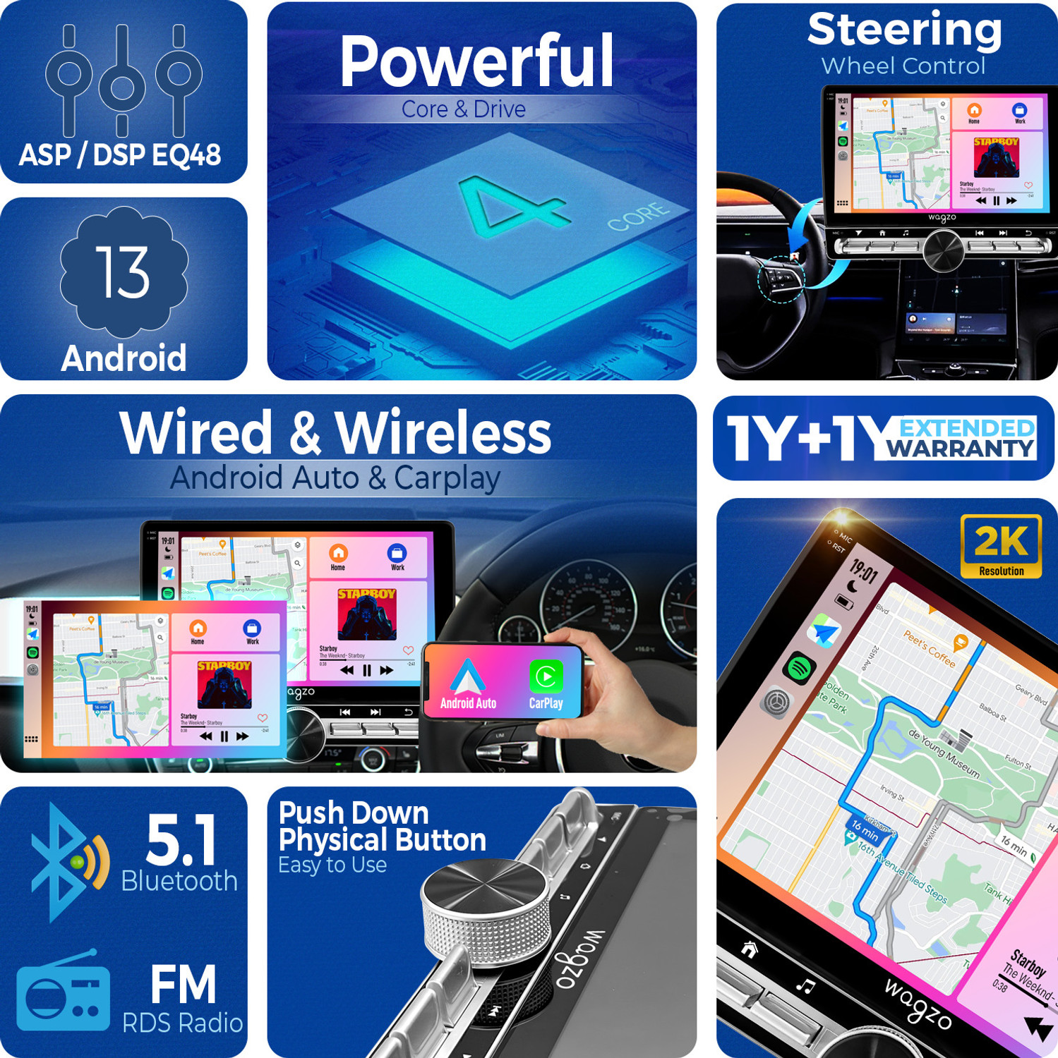 Image of Wagzo 2K Diamond Pianoseries CarPlay Android Auto 4thGen10.1in|4GB,64GB|With AhdCamera Car Stereo