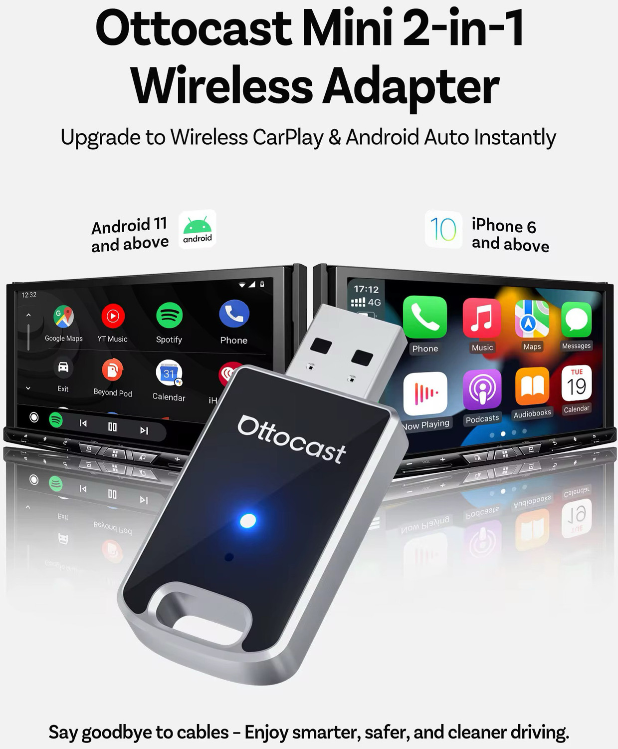 Image of Ottocast Wireless Carplay Android Auto 2 in 1 OneButton Disconnect Carlinkit Plug & Play Car Stereo